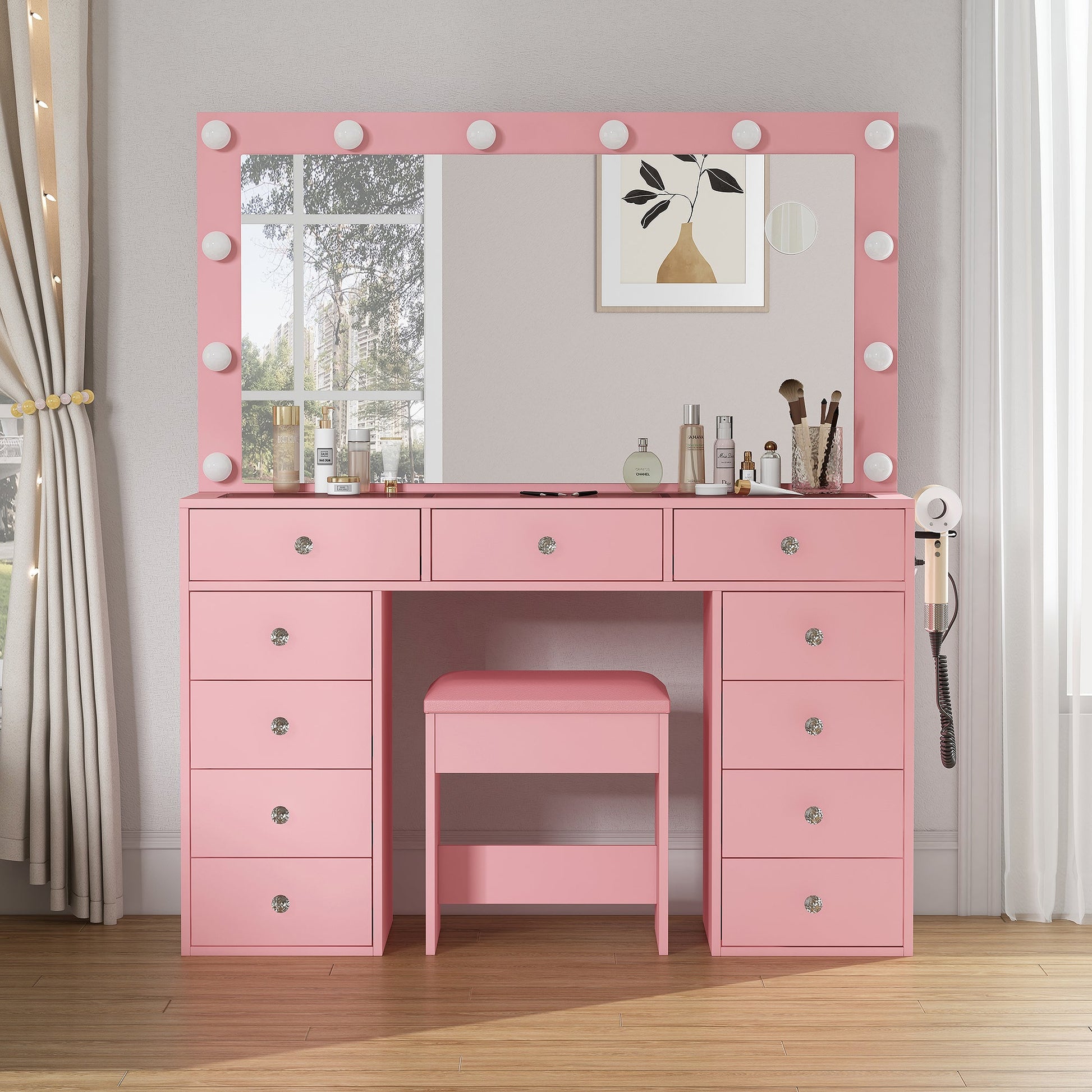 Yanosaku Modern White Makeup Vanity Set Table with Stool & LED Mirror 11 Drawers Luxury - Yanosaku SotreFurniture
