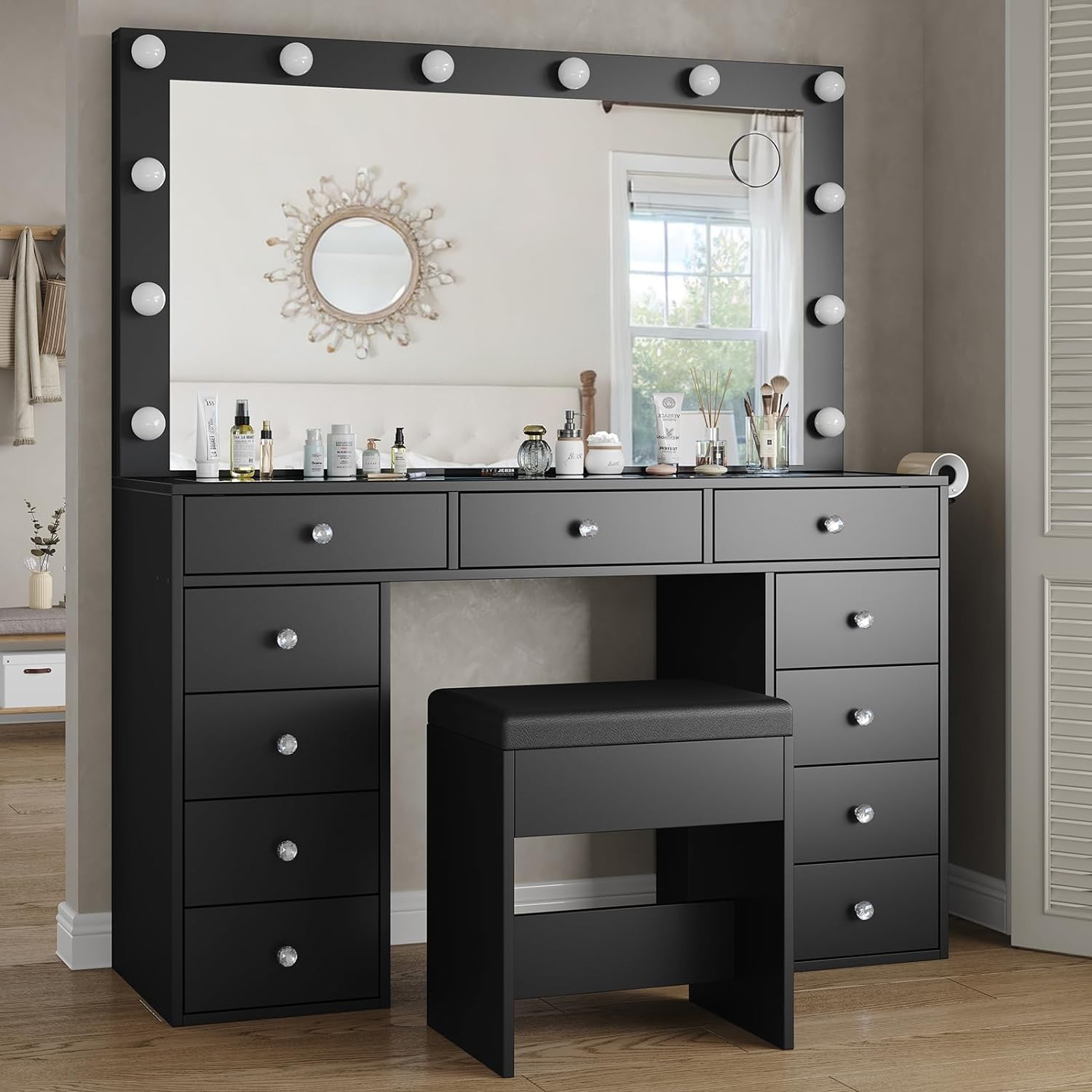 Yanosaku Modern White Makeup Vanity Set Table with Stool & LED Mirror 11 Drawers Luxury - Yanosaku SotreFurnitureVD003 - WH - 2