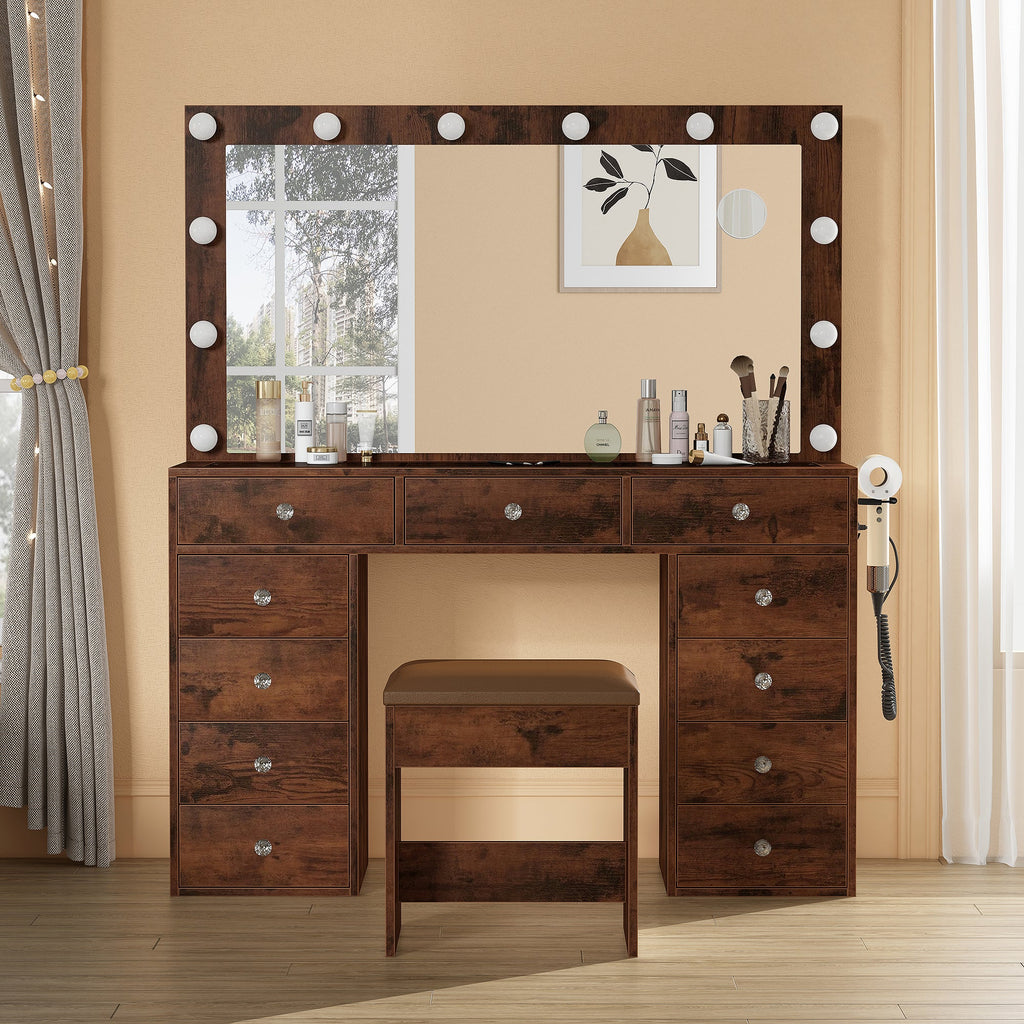 Yanosaku Modern White Makeup Vanity Set Table with Stool & LED Mirror 11 Drawers Luxury - Yanosaku SotreFurniture
