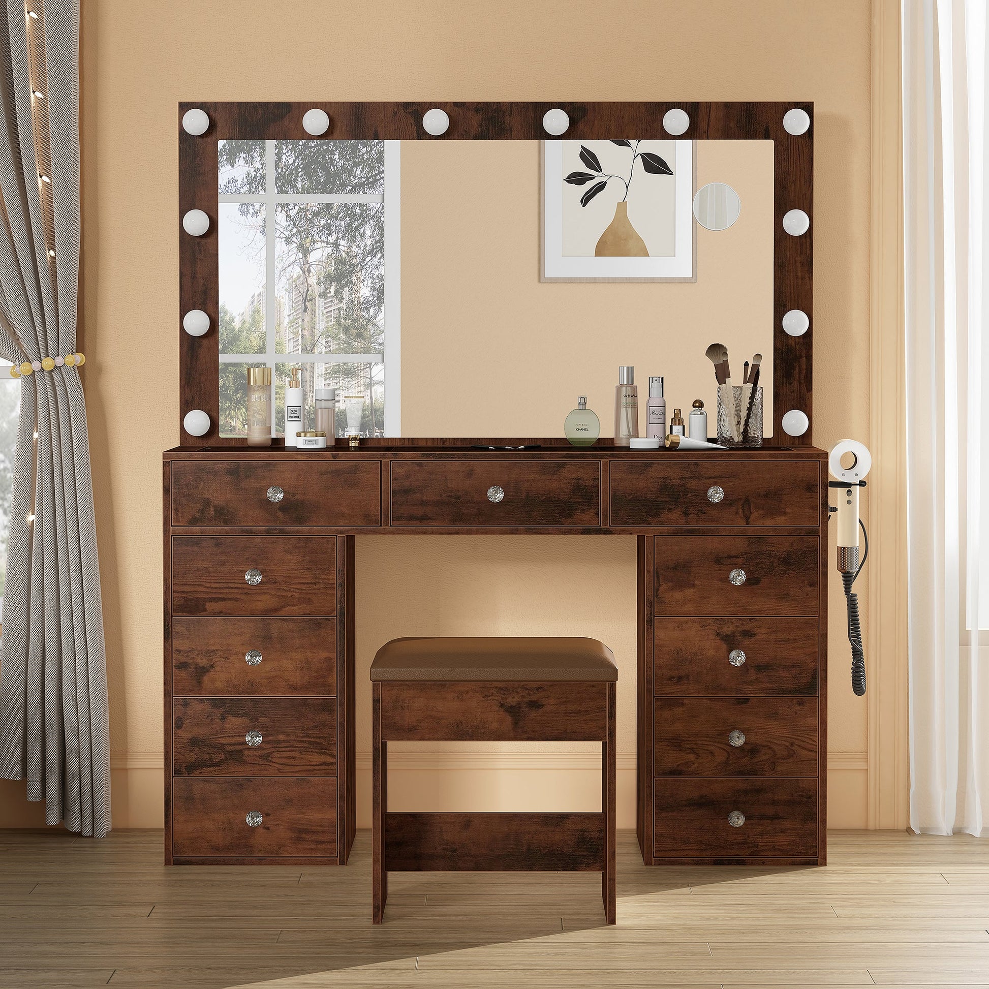 Yanosaku Modern White Makeup Vanity Set Table with Stool & LED Mirror 11 Drawers Luxury - Yanosaku SotreFurniture