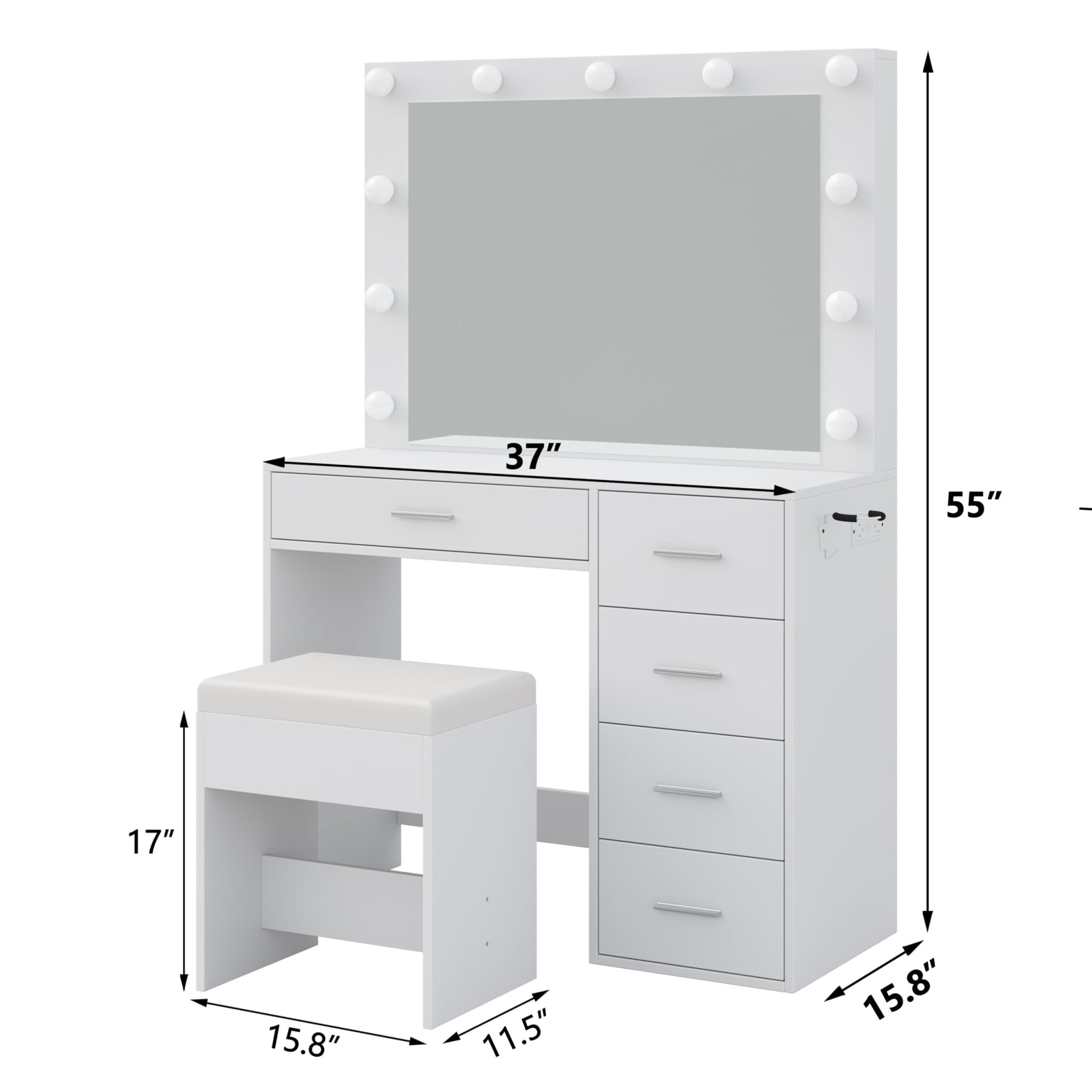 Yanosaku Modern White Makeup Vanity Set Table with Stool & LED Mirror 5 Drawers - Yanosaku SotreFurnitureVD001 - WH