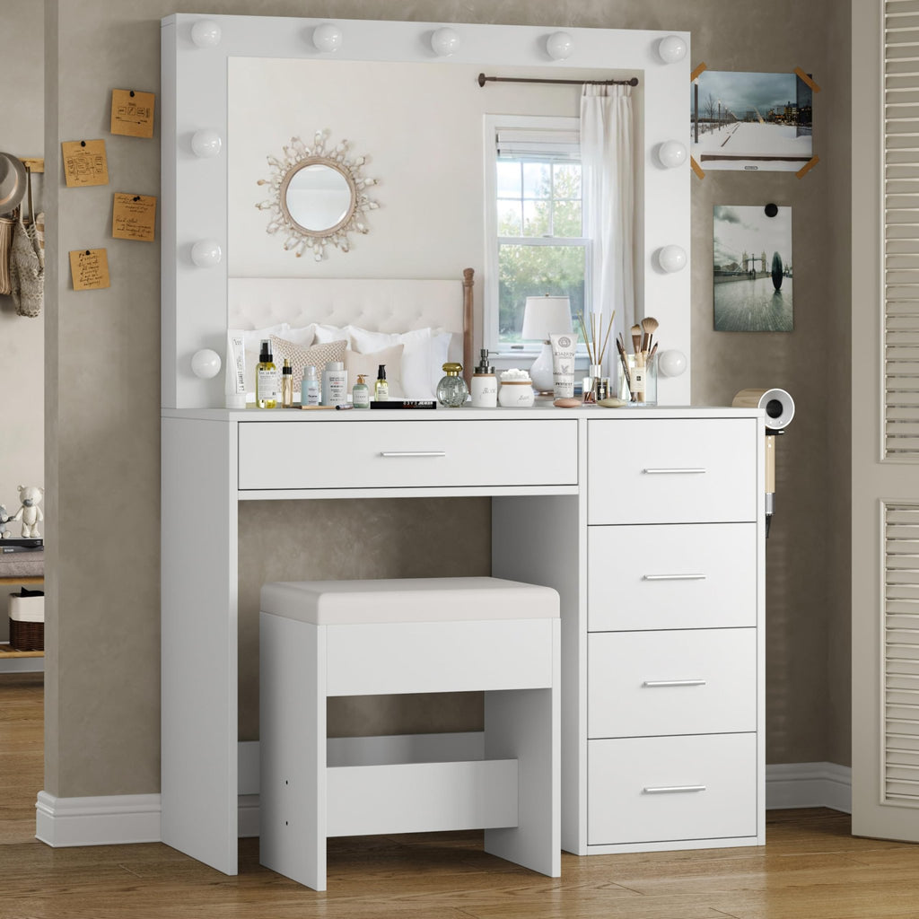 Yanosaku Modern White Makeup Vanity Set Table with Stool & LED Mirror 5 Drawers - Yanosaku SotreFurnitureVD001 - WH