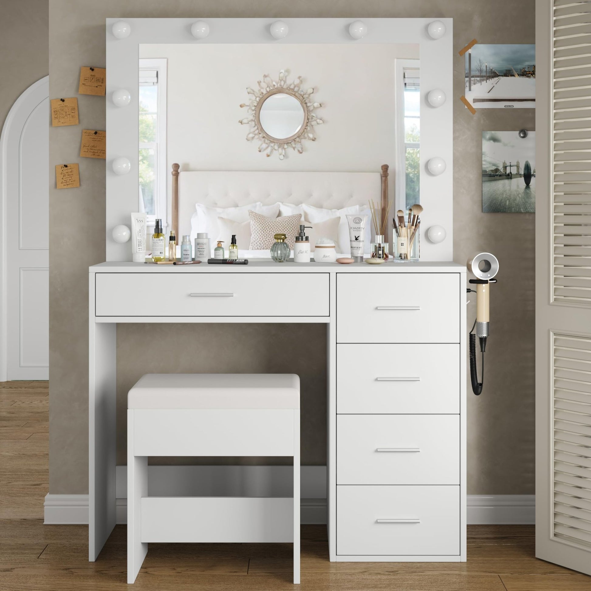 Yanosaku Modern White Makeup Vanity Set Table with Stool & LED Mirror 5 Drawers - Yanosaku SotreFurnitureVD001 - WH