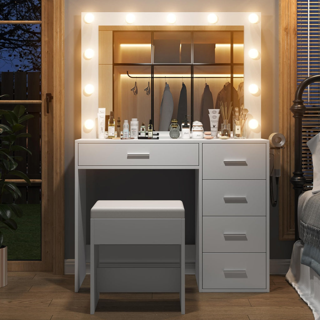 Yanosaku Modern White Makeup Vanity Set Table with Stool & LED Mirror 5 Drawers - Yanosaku SotreFurnitureVD001 - WH