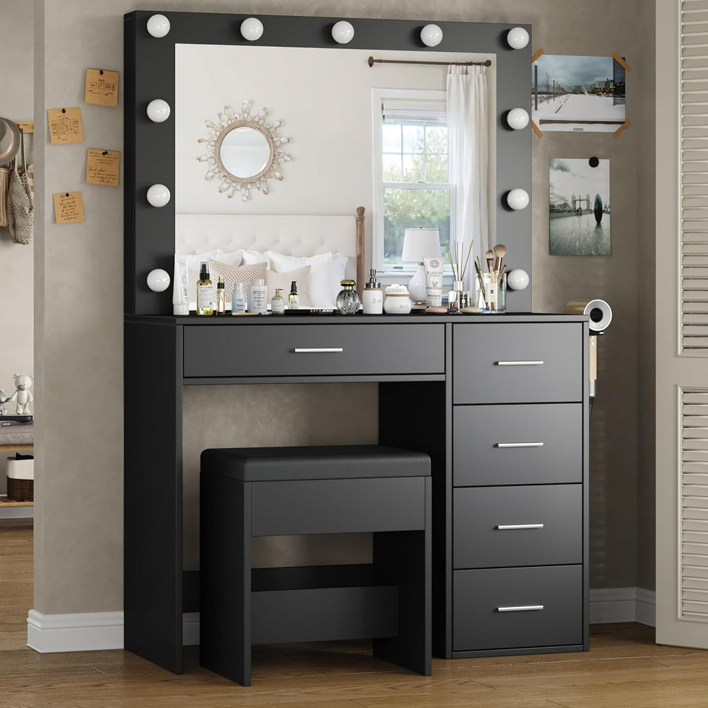 Yanosaku Modern White Makeup Vanity Set Table with Stool & LED Mirror 5 Drawers - Yanosaku SotreFurnitureVD001 - BL