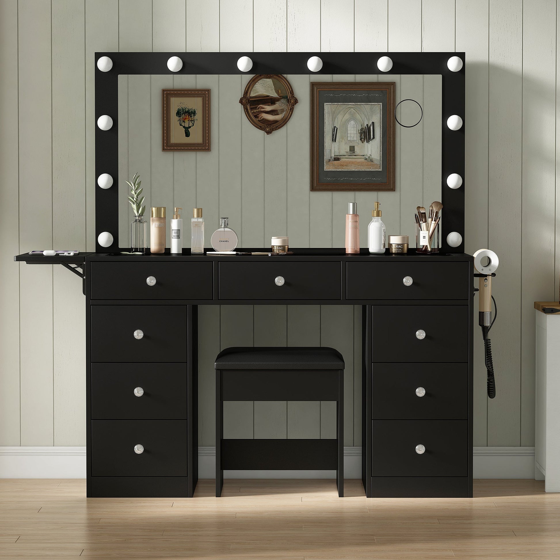 Yanosaku Modern White Makeup Vanity Set Table with Stool & LED Mirror 9 Drawers Luxury - Yanosaku SotreFurniture