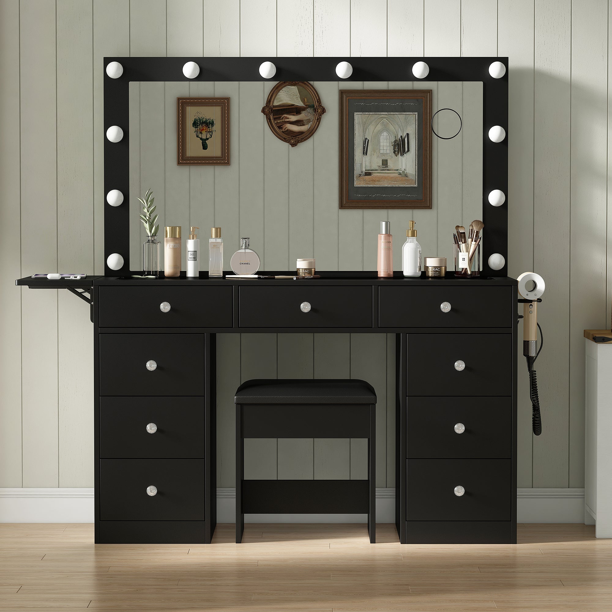 Yanosaku Modern White Makeup Vanity Set Table with Stool & LED Mirror 9 Drawers Luxury - Yanosaku SotreFurniture