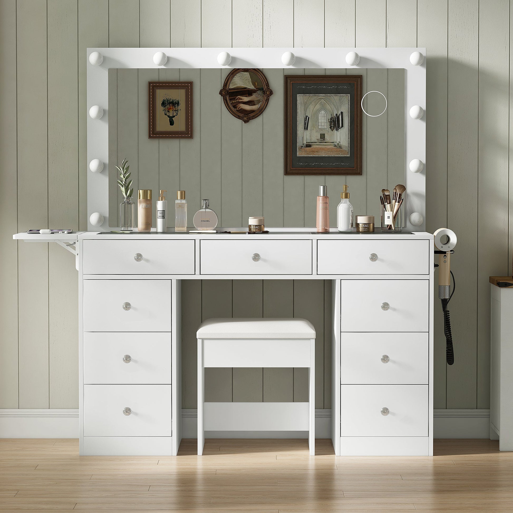 Yanosaku Modern White Makeup Vanity Set Table with Stool & LED Mirror 9 Drawers Luxury - Yanosaku SotreFurniture