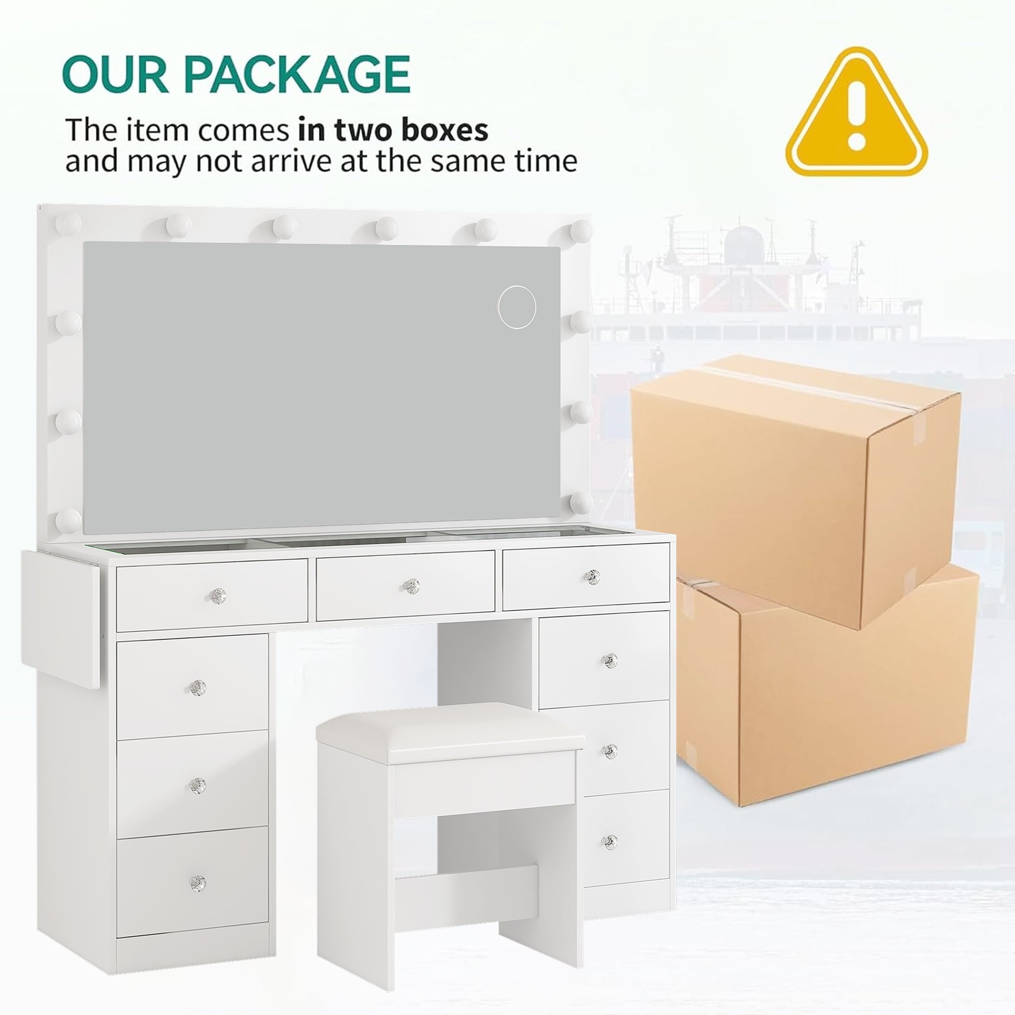 Yanosaku Modern White Makeup Vanity Set Table with Stool & LED Mirror 9 Drawers Luxury - Yanosaku SotreFurniture