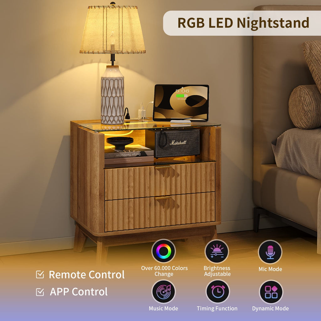 Yanosaku NS003 - NR 23" Nightstand with Charging Station, Fluted LED End Table with Drawers, Oak - Yanosaku SotreFurnitureNS003-NR-1