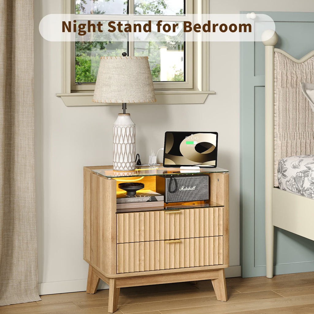 Yanosaku NS003 - NR 23" Nightstand with Charging Station, Fluted LED End Table with Drawers, Oak - Yanosaku SotreFurnitureNS003-NR-1