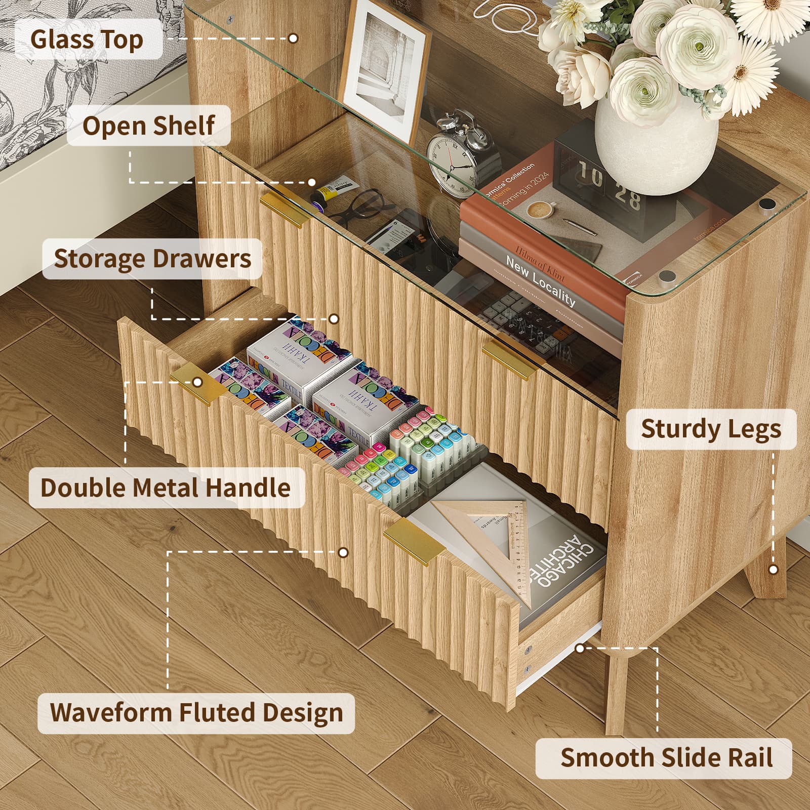 Yanosaku NS004 - NR 31" Nightstand with Charging Station, Fluted LED End Table with Drawers, Oak - Yanosaku SotreFurniture