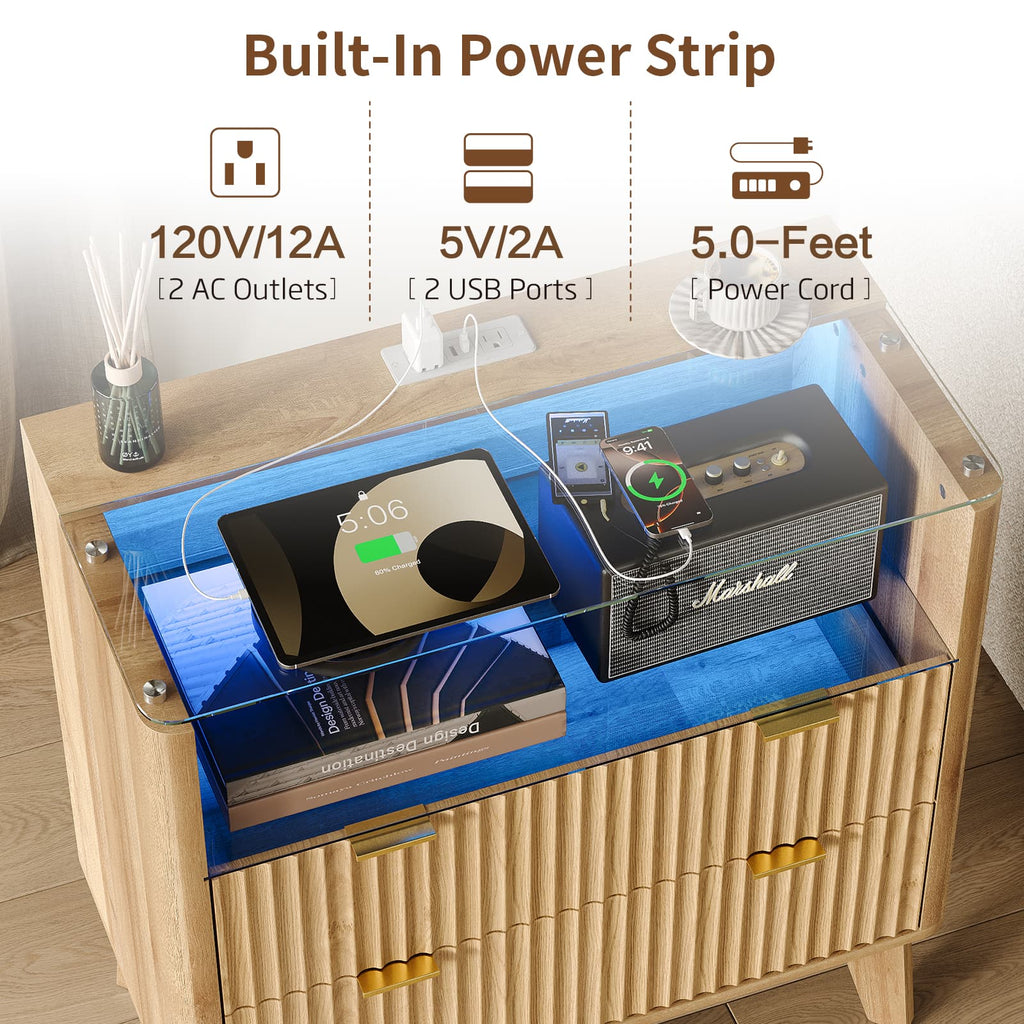 Yanosaku NS004 - NR 31" Nightstand with Charging Station, Fluted LED End Table with Drawers, Oak - Yanosaku SotreFurniture