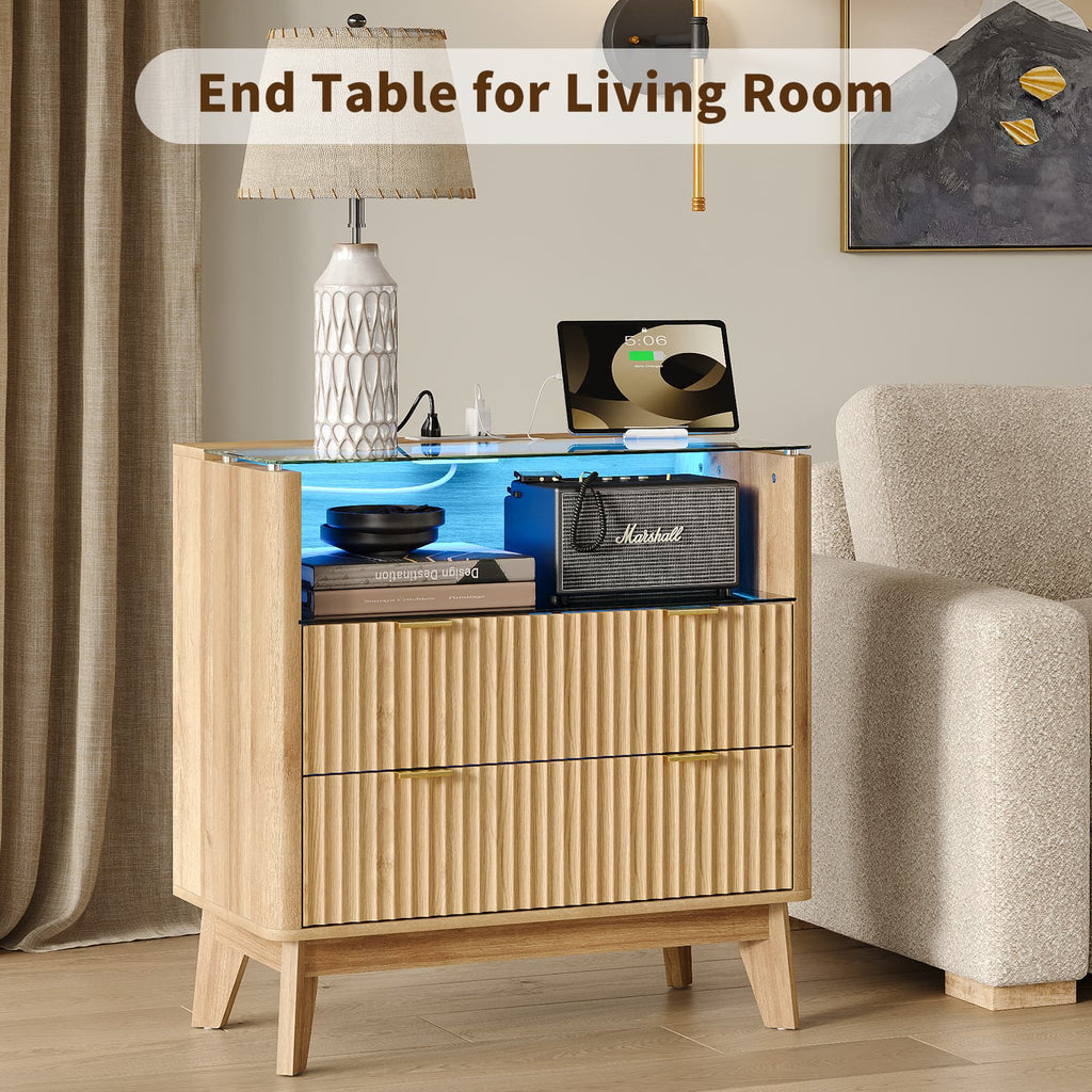 Yanosaku NS004 - NR 31" Nightstand with Charging Station, Fluted LED End Table with Drawers, Oak - Yanosaku SotreFurniture