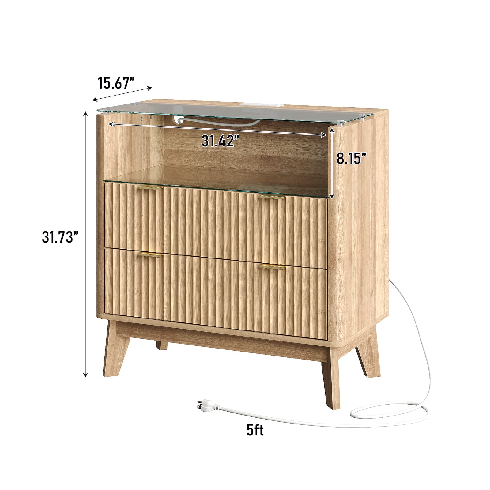 Yanosaku NS004 - NR 31" Nightstand with Charging Station, Fluted LED End Table with Drawers, Oak - Yanosaku SotreFurniture