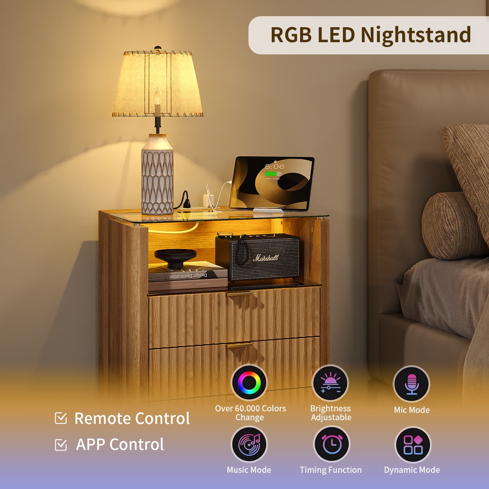 Yanosaku NS005 - NR 23" Nightstand with Charging Station, Fluted LED End Table w/ 3 Drawers, Oak - Yanosaku SotreFurniture