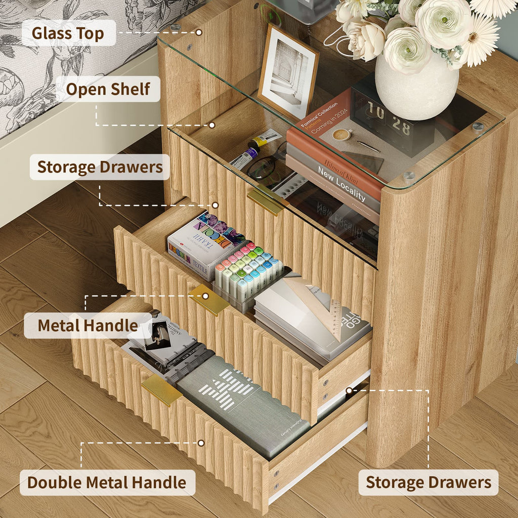 Yanosaku NS005 - NR 23" Nightstand with Charging Station, Fluted LED End Table w/ 3 Drawers, Oak - Yanosaku SotreFurniture