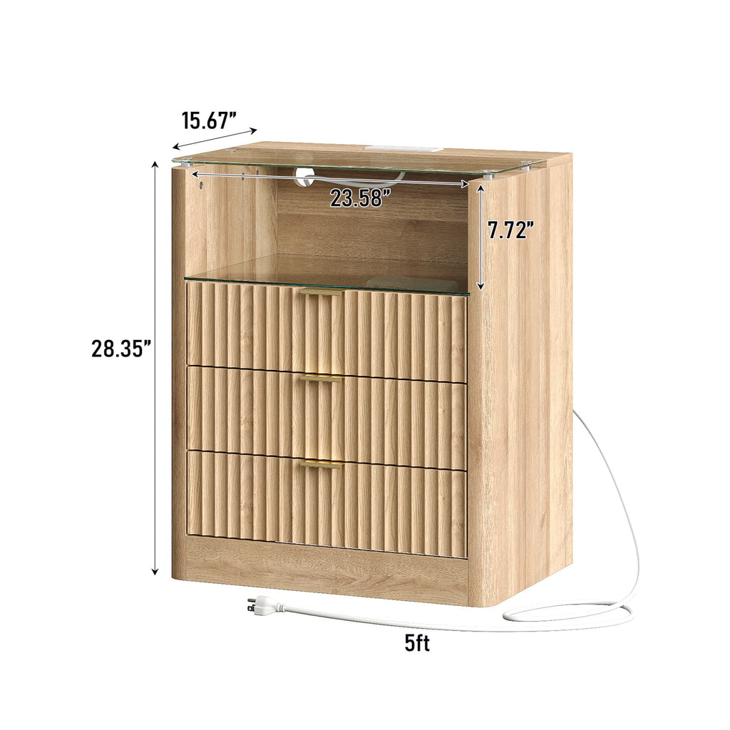Yanosaku NS005 - NR 23" Nightstand with Charging Station, Fluted LED End Table w/ 3 Drawers, Oak - Yanosaku SotreFurniture