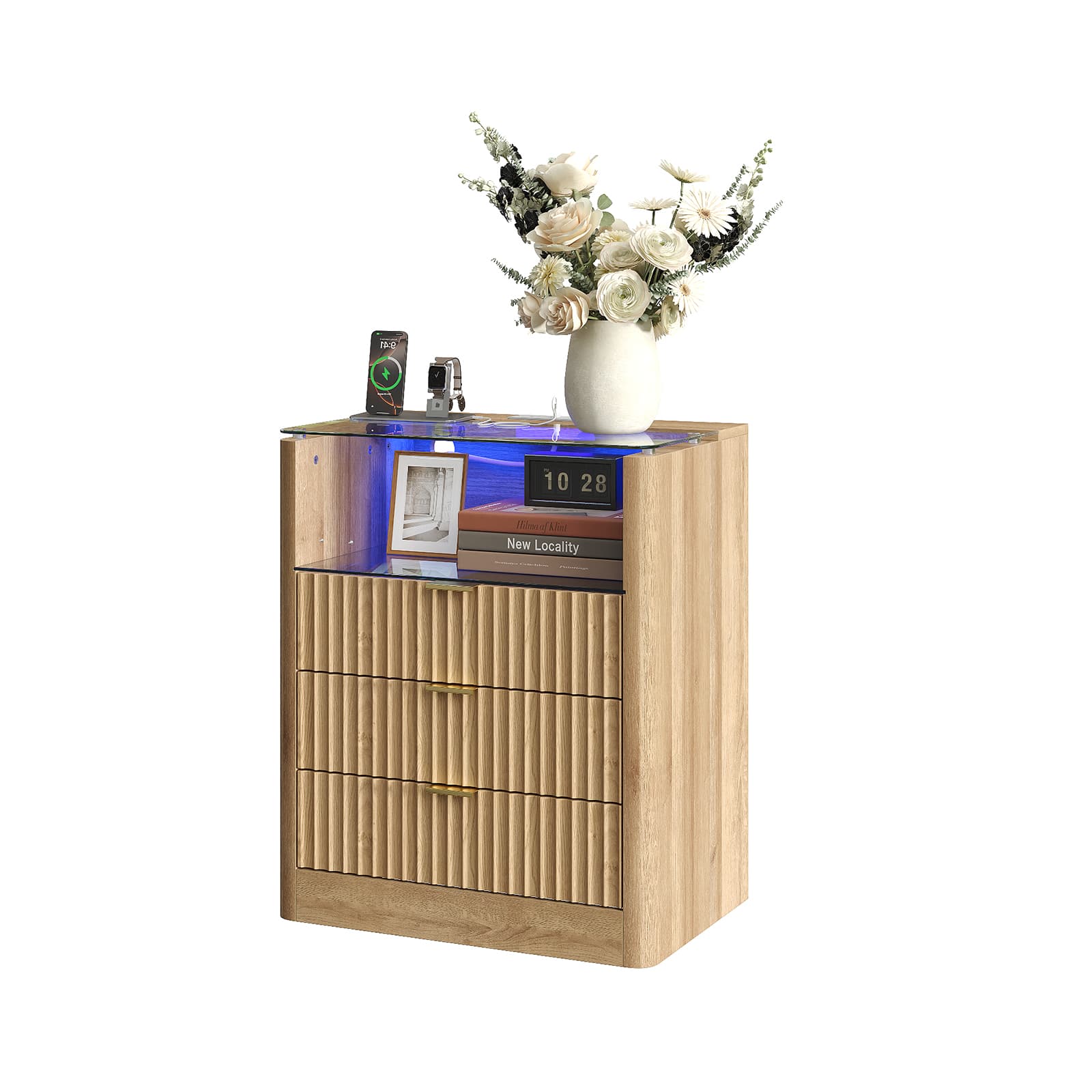 Yanosaku NS005 - NR 23" Nightstand with Charging Station, Fluted LED End Table w/ 3 Drawers, Oak - Yanosaku SotreFurniture