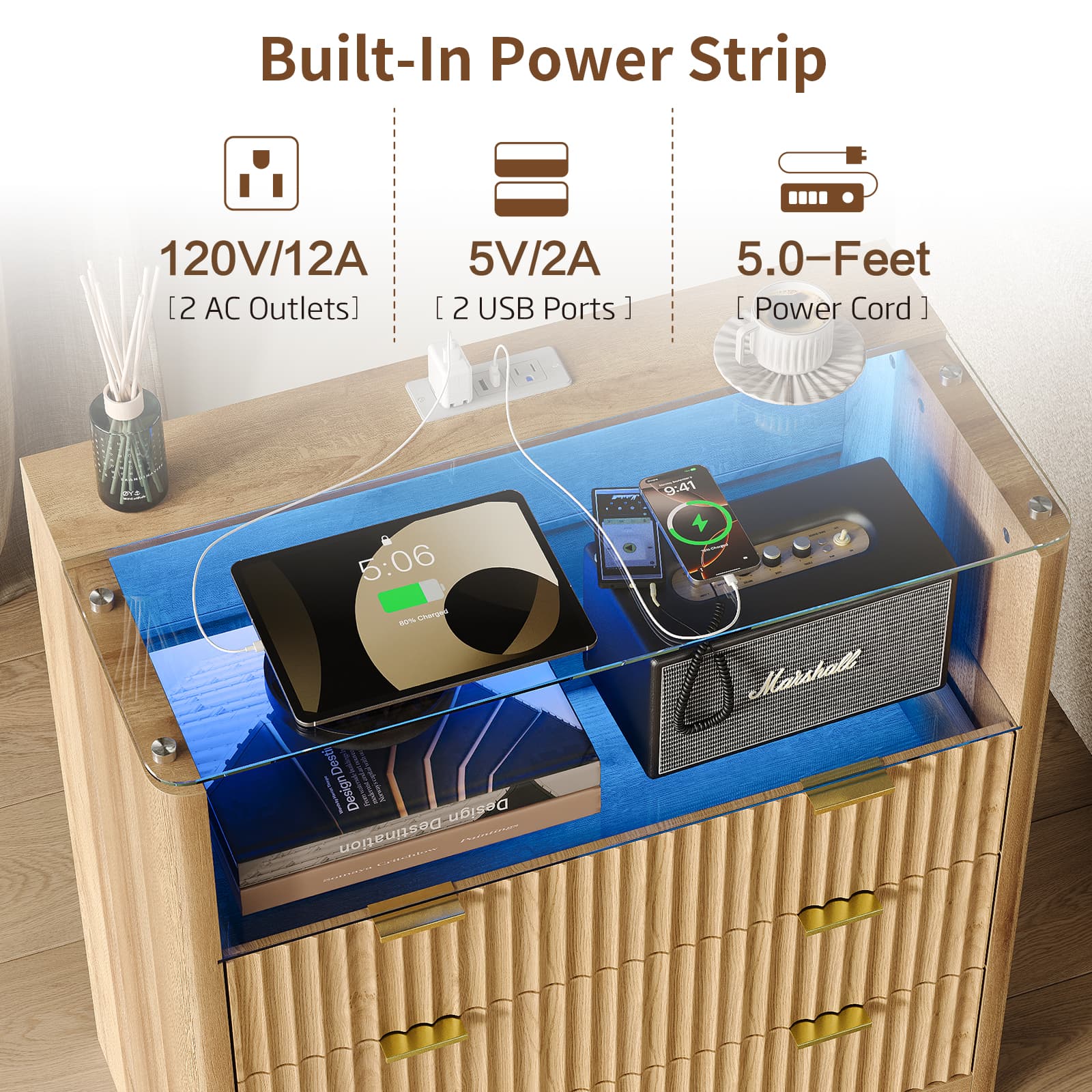 Yanosaku NS006 - NR 31" Nightstand with Charging Station, Fluted LED End Table w/ 3 Drawers, Oak - Yanosaku SotreFurnitureNS006-NR-2