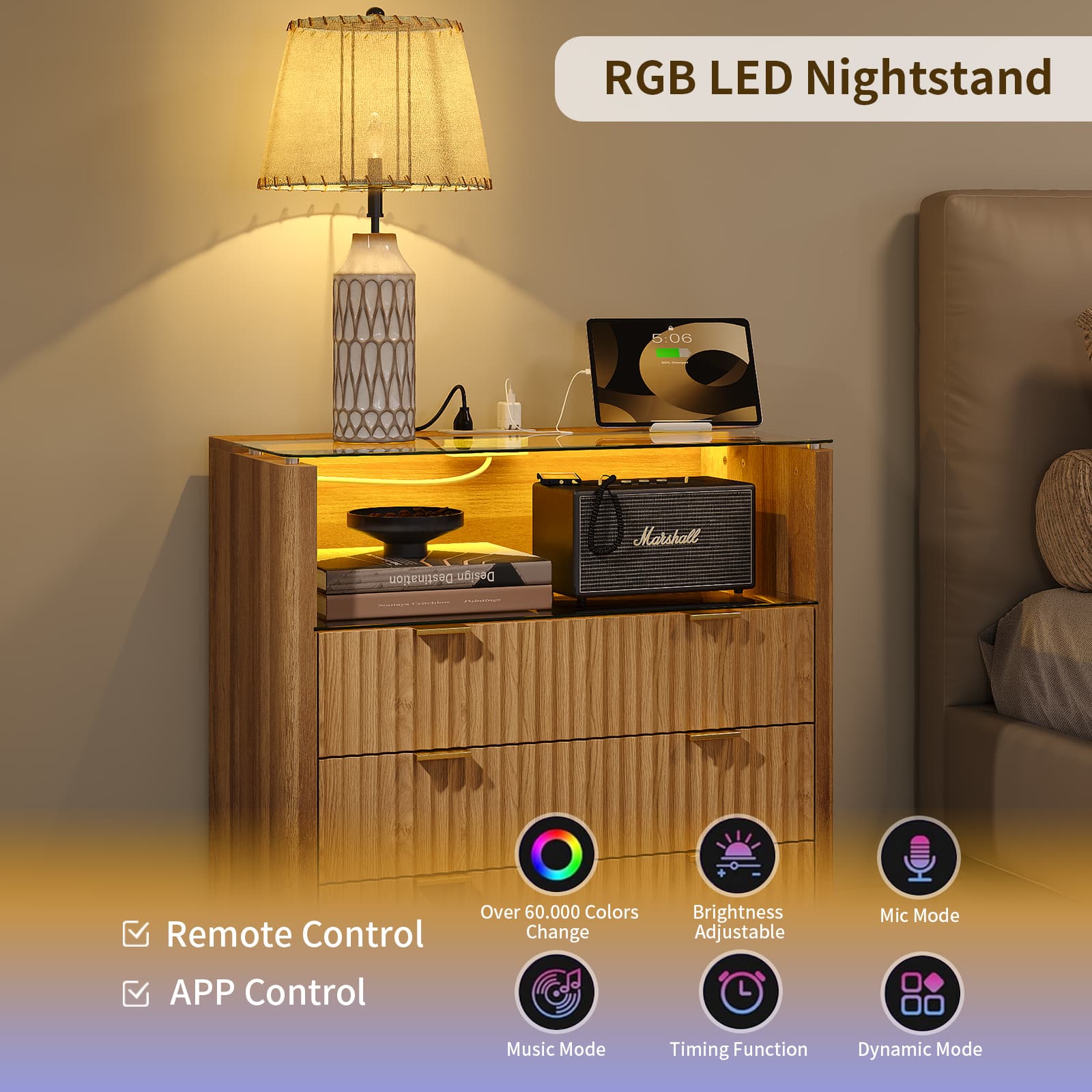 Yanosaku NS006 - NR 31" Nightstand with Charging Station, Fluted LED End Table w/ 3 Drawers, Oak - Yanosaku SotreFurnitureNS006-NR-2