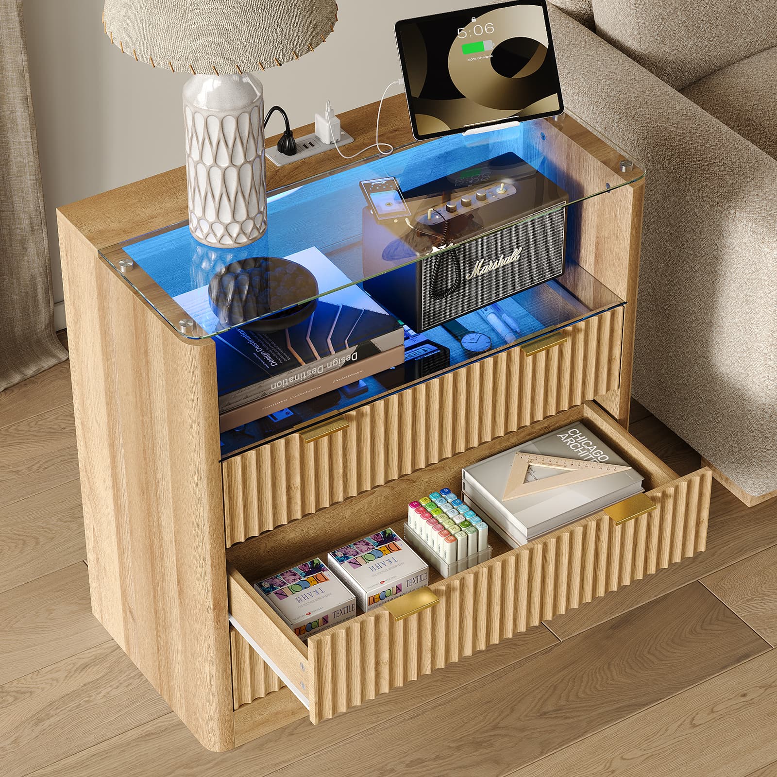 Yanosaku NS006 - NR 31" Nightstand with Charging Station, Fluted LED End Table w/ 3 Drawers, Oak - Yanosaku SotreFurnitureNS006-NR-2