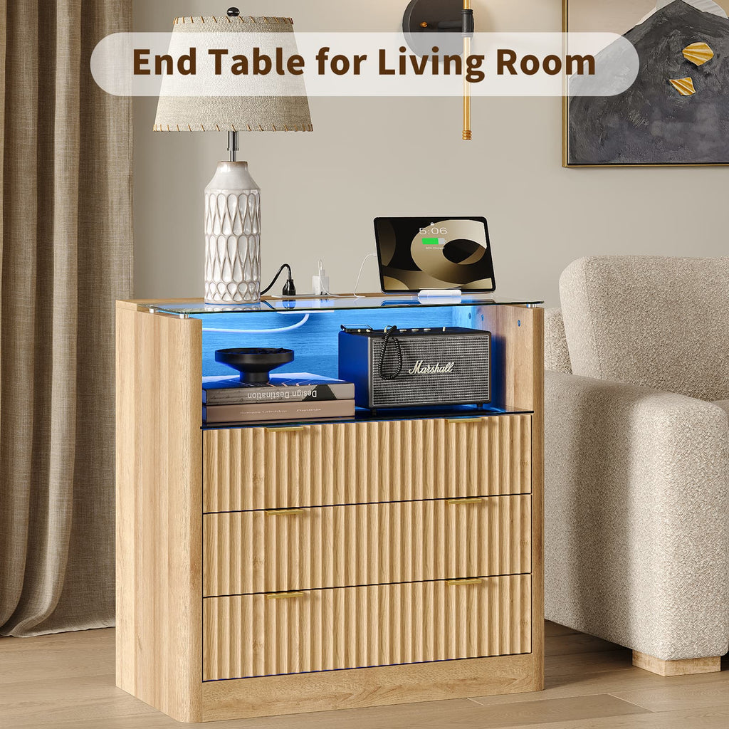 Yanosaku NS006 - NR 31" Nightstand with Charging Station, Fluted LED End Table w/ 3 Drawers, Oak - Yanosaku SotreFurnitureNS006-NR-2