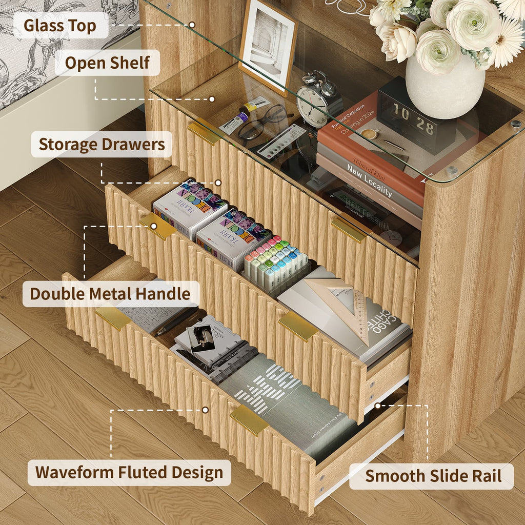 Yanosaku NS006 - NR 31" Nightstand with Charging Station, Fluted LED End Table w/ 3 Drawers, Oak - Yanosaku SotreFurnitureNS006-NR-2