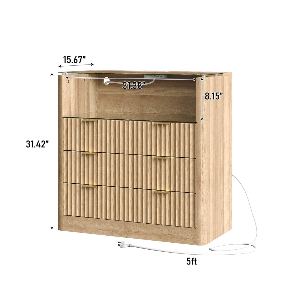 Yanosaku NS006 - NR 31" Nightstand with Charging Station, Fluted LED End Table w/ 3 Drawers, Oak - Yanosaku SotreFurnitureNS006-NR-2