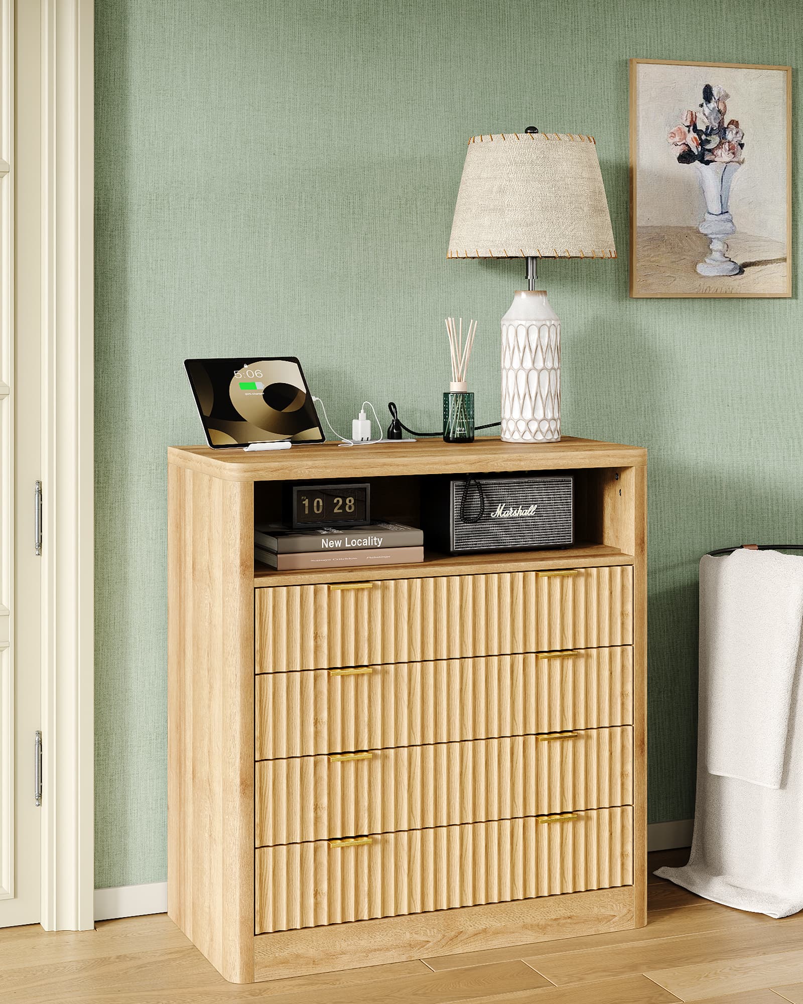 Yanosaku NS009 - NR Fluted Nightstand with LED & Charging Station, 4 - Drawer Bedroom Storage, Oak - Yanosaku SotreFurniture