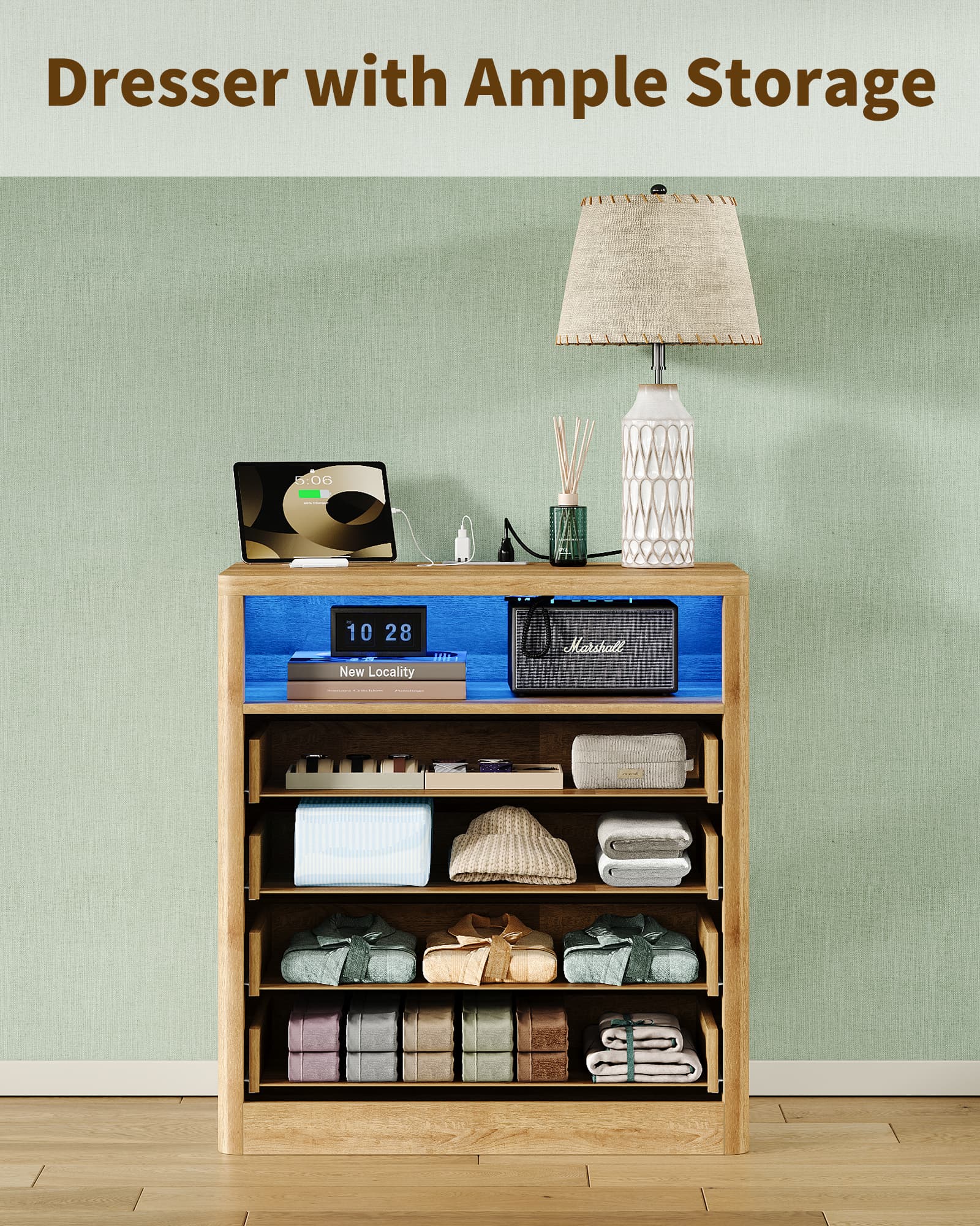 Yanosaku NS009 - NR Fluted Nightstand with LED & Charging Station, 4 - Drawer Bedroom Storage, Oak - Yanosaku SotreFurniture