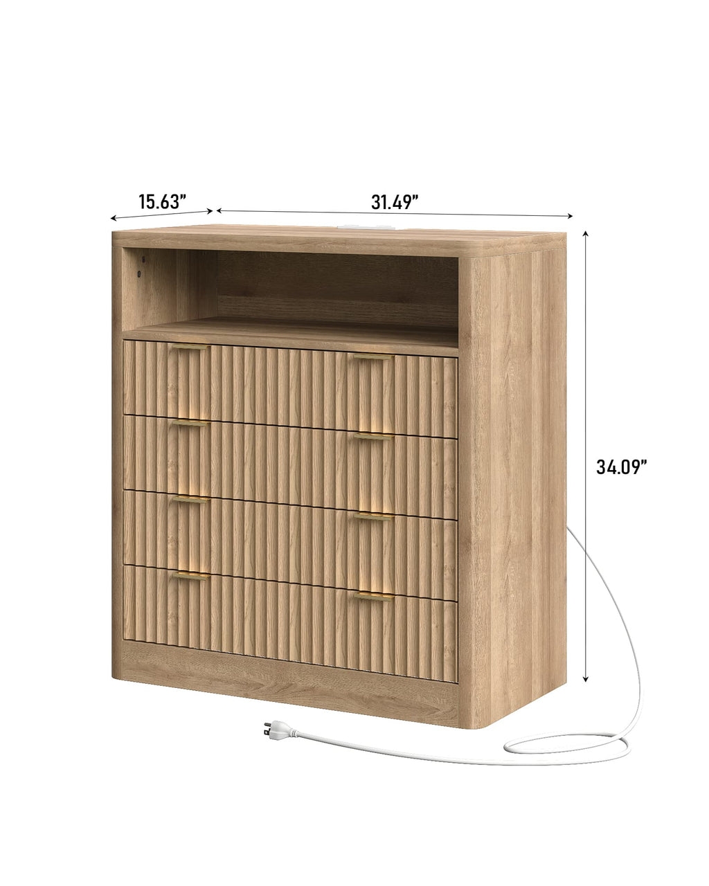 Yanosaku NS009 - NR Fluted Nightstand with LED & Charging Station, 4 - Drawer Bedroom Storage, Oak - Yanosaku SotreFurniture