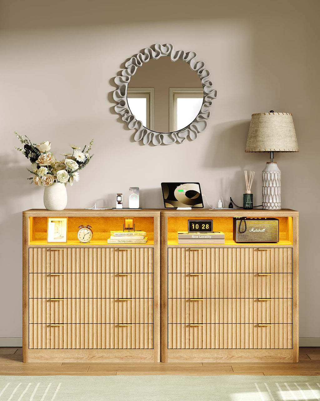 Yanosaku NS009 - NR Fluted Nightstand with LED & Charging Station, 4 - Drawer Bedroom Storage, Oak - Yanosaku SotreFurniture