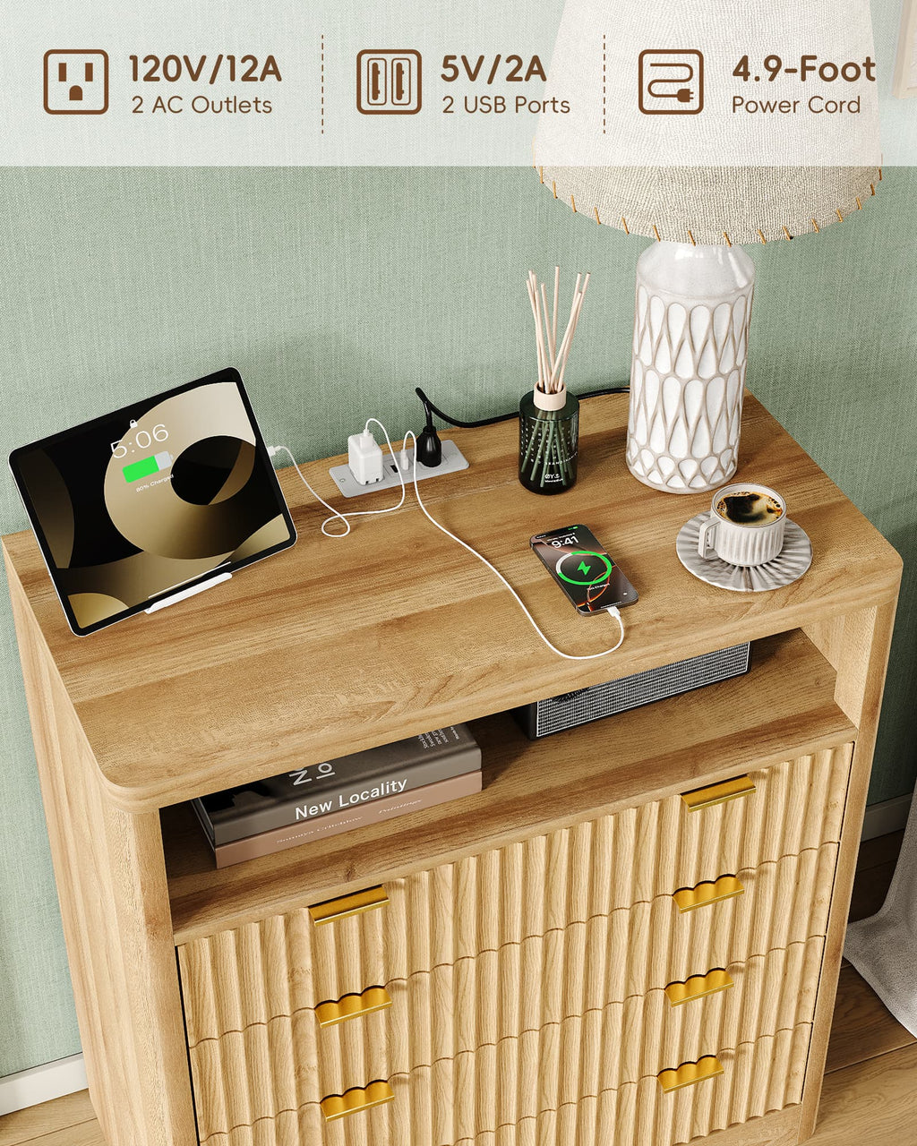 Yanosaku NS009 - NR Fluted Nightstand with LED & Charging Station, 4 - Drawer Bedroom Storage, Oak - Yanosaku SotreFurniture