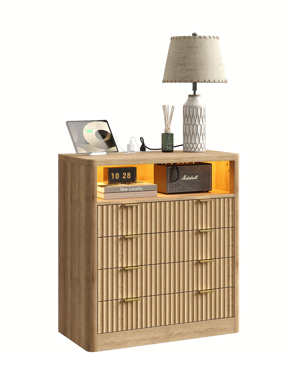 Yanosaku NS009 - NR Fluted Nightstand with LED & Charging Station, 4 - Drawer Bedroom Storage, Oak - Yanosaku SotreFurniture