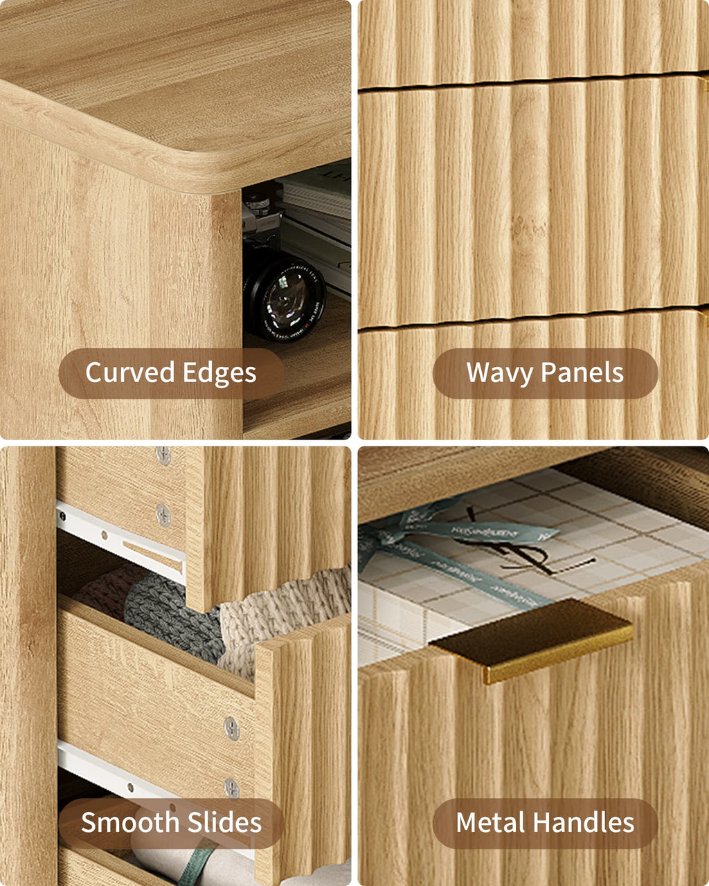 Yanosaku NS009 - NR Fluted Nightstand with LED & Charging Station, 4 - Drawer Bedroom Storage, Oak - Yanosaku SotreFurniture