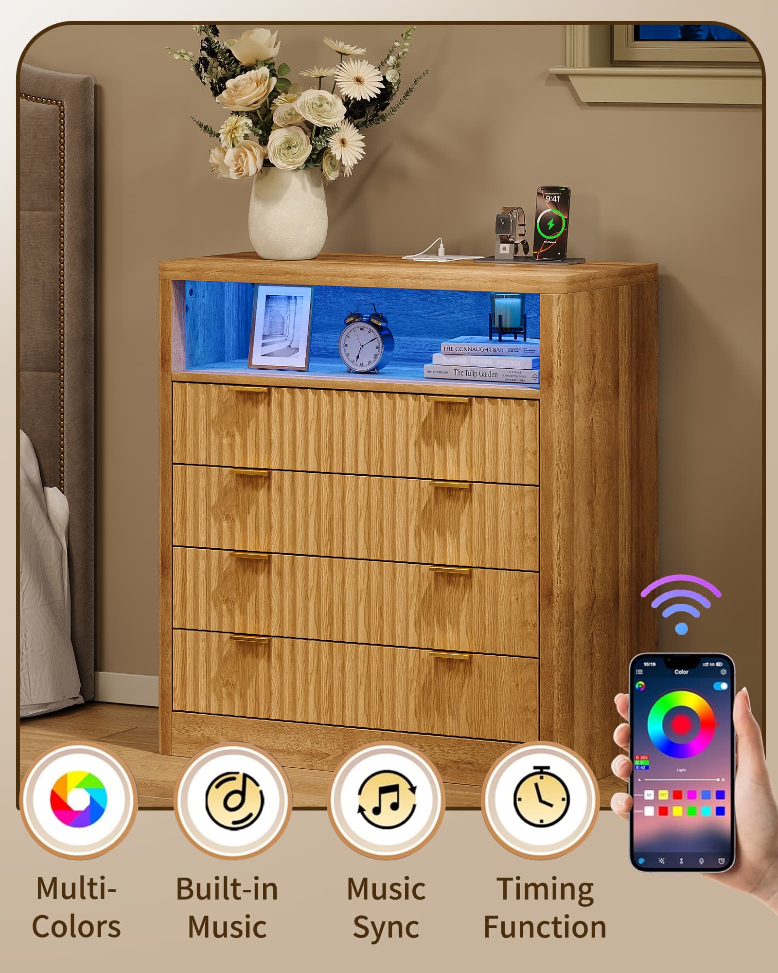 Yanosaku NS009 - NR Fluted Nightstand with LED & Charging Station, 4 - Drawer Bedroom Storage, Oak - Yanosaku SotreFurniture