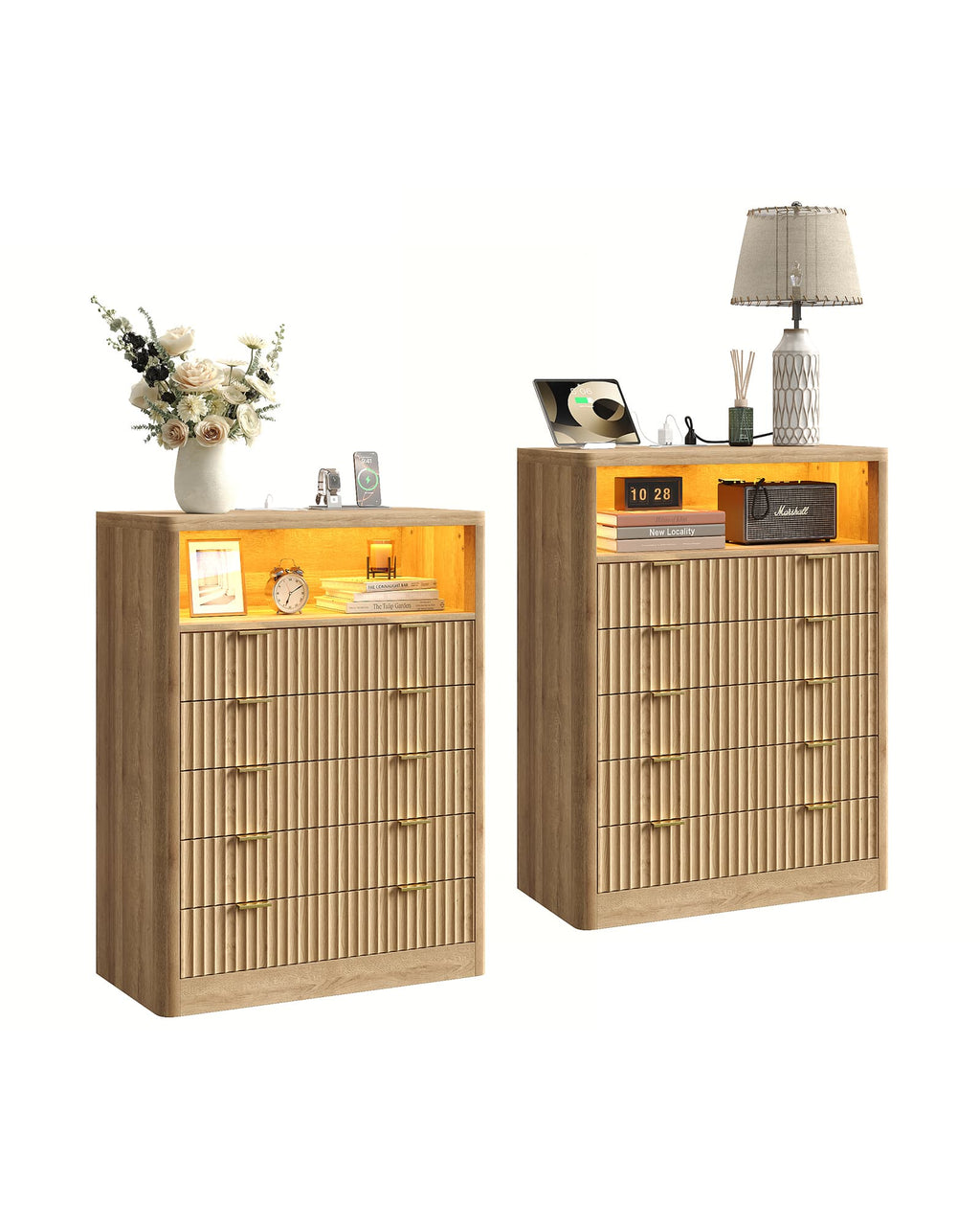 Yanosaku NS010 - NR Fluted Nightstand with LED & Charging Station, 5 - Drawer Tall Organizer, Oak - Yanosaku SotreFurnitureNS010-NR-2