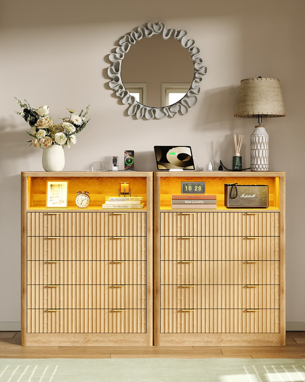 Yanosaku NS010 - NR Fluted Nightstand with LED & Charging Station, 5 - Drawer Tall Organizer, Oak - Yanosaku SotreFurnitureNS010-NR-2