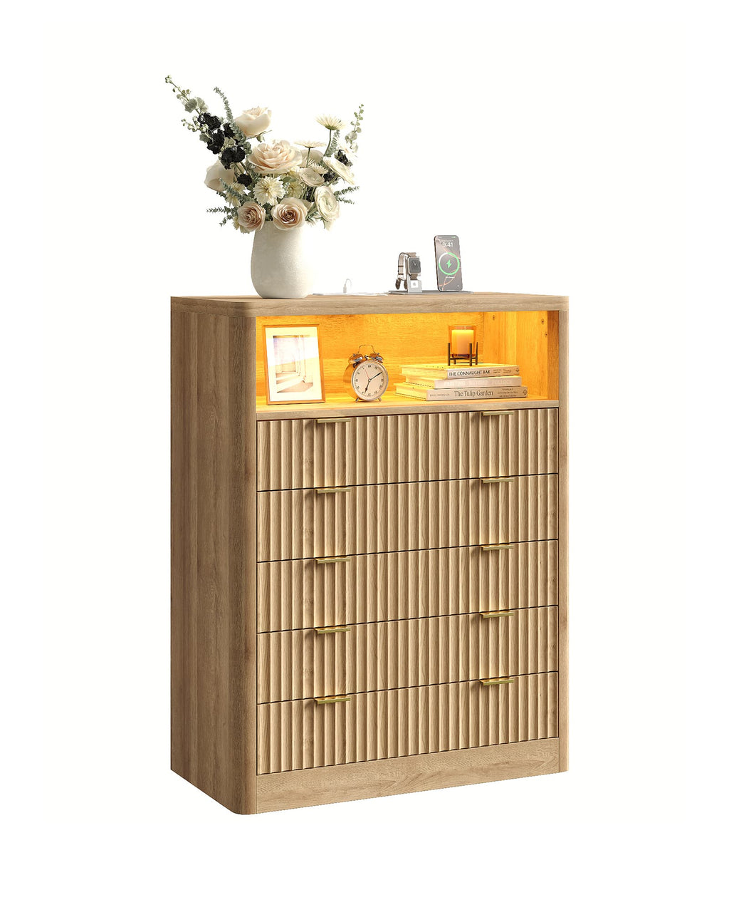 Yanosaku NS010 - NR Fluted Nightstand with LED & Charging Station, 5 - Drawer Tall Organizer, Oak - Yanosaku SotreFurnitureNS010-NR-1
