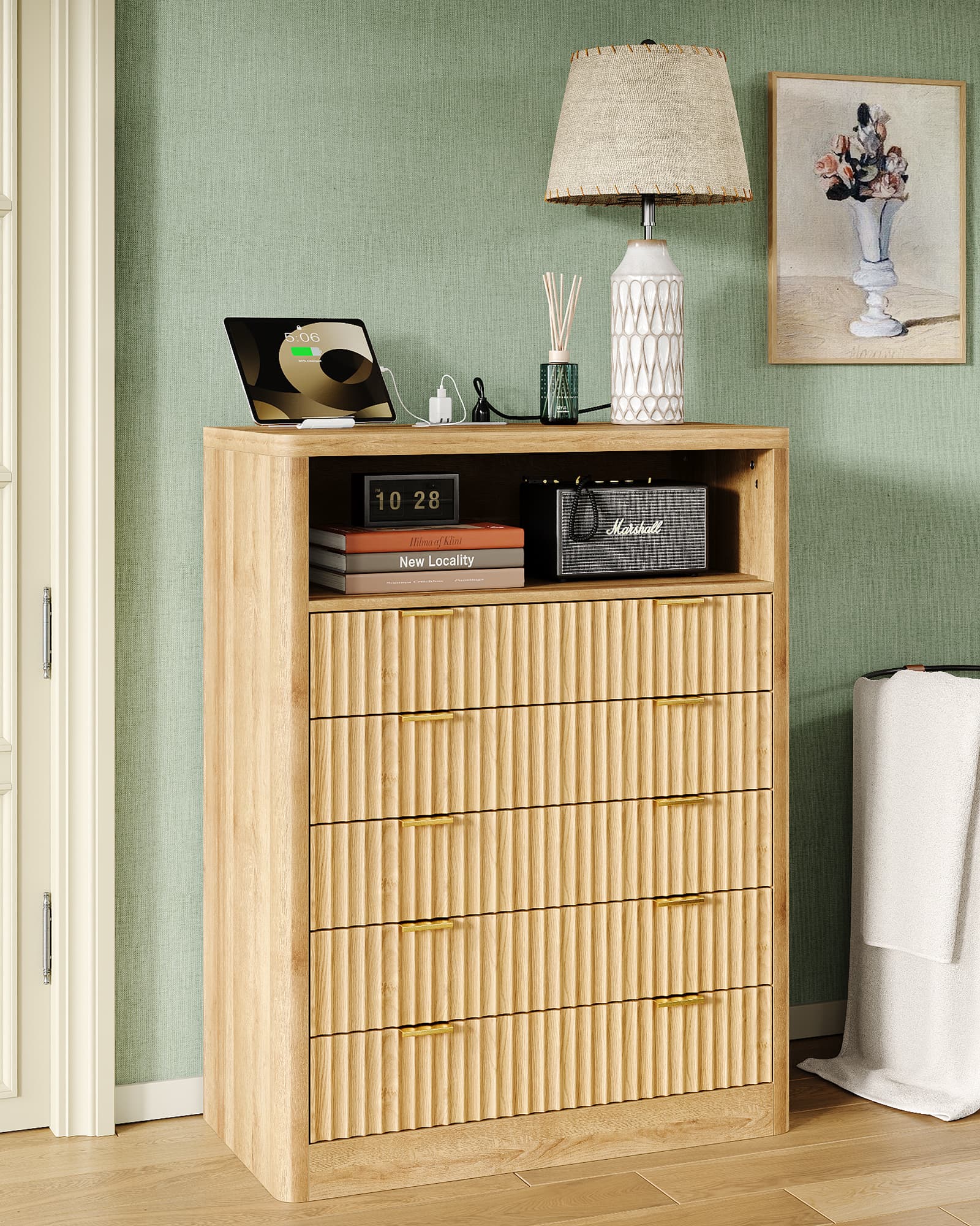 Yanosaku NS010 - NR Fluted Nightstand with LED & Charging Station, 5 - Drawer Tall Organizer, Oak - Yanosaku SotreFurnitureNS010-NR-2