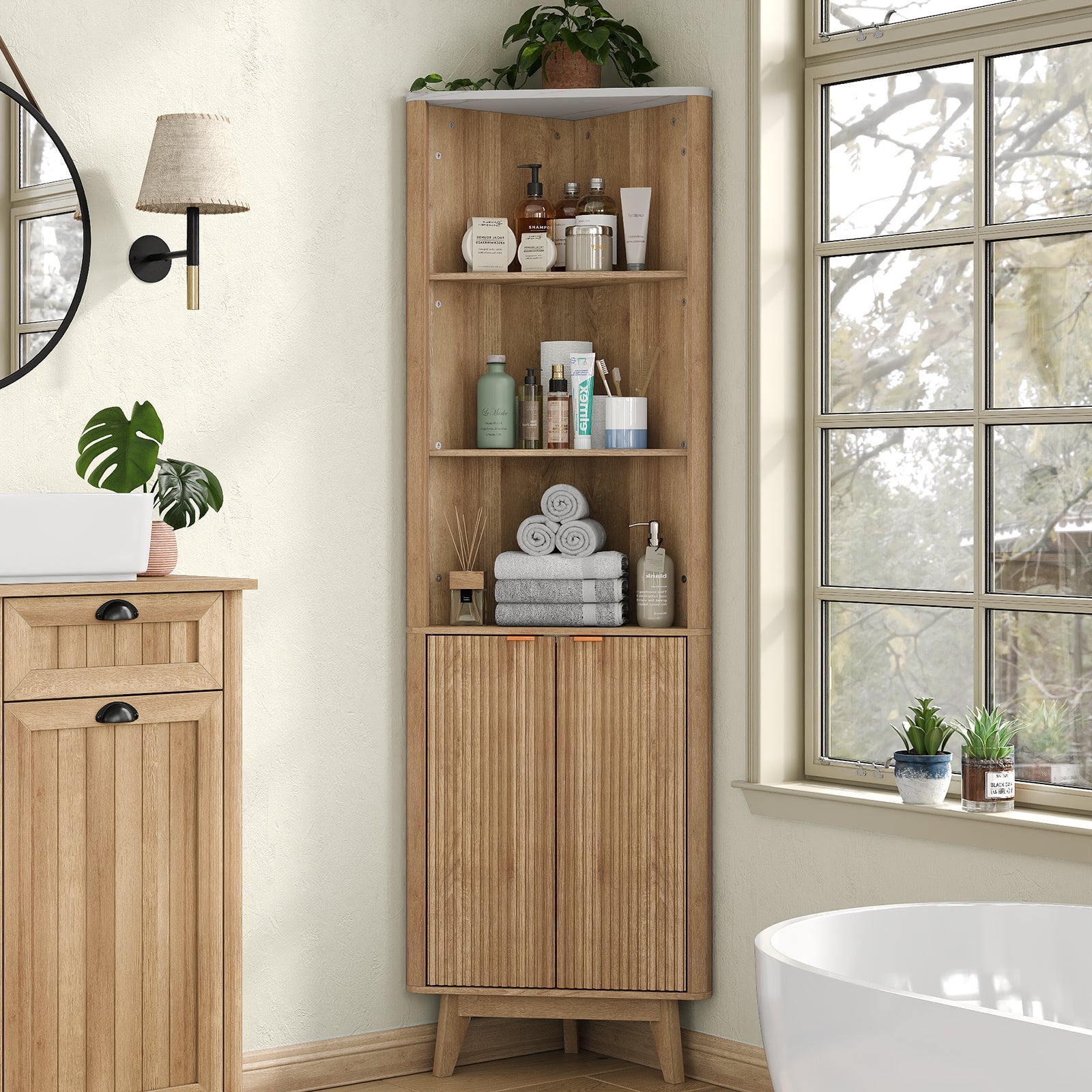 Yanosaku SC008 Tall Corner Cabinet for Bathroom, Fluted 6 - Tier Storage Unit - Yanosaku SotreFurnitureSC008 - NR