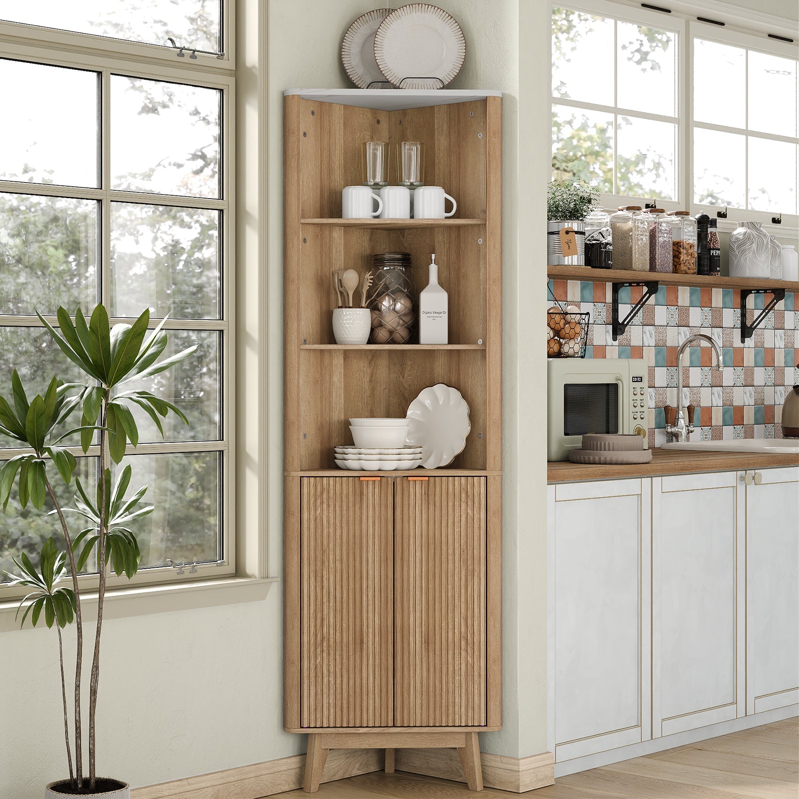 Yanosaku SC008 Tall Corner Cabinet for Bathroom, Fluted 6 - Tier Storage Unit - Yanosaku SotreFurnitureSC008 - NR