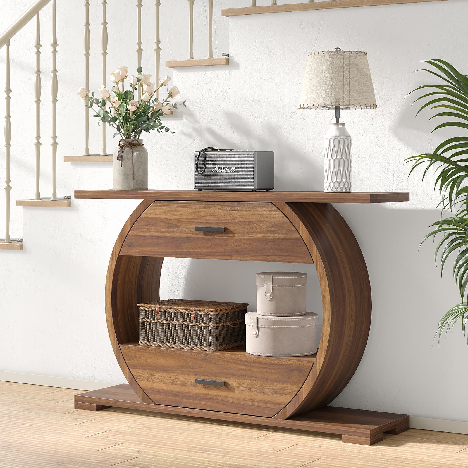 Yanosaku ST004 47" O - Shaped Console Table with 2 Drawers, Brown - Yanosaku SotreFurnitureST004-WA-2PCS