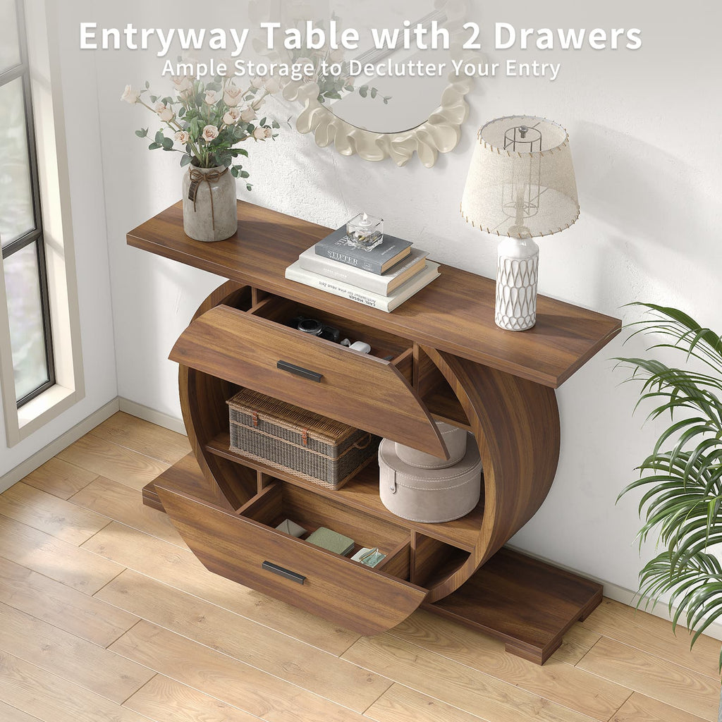 Yanosaku ST004 47" O - Shaped Console Table with 2 Drawers, Brown - Yanosaku SotreFurnitureST004-WA-1PC