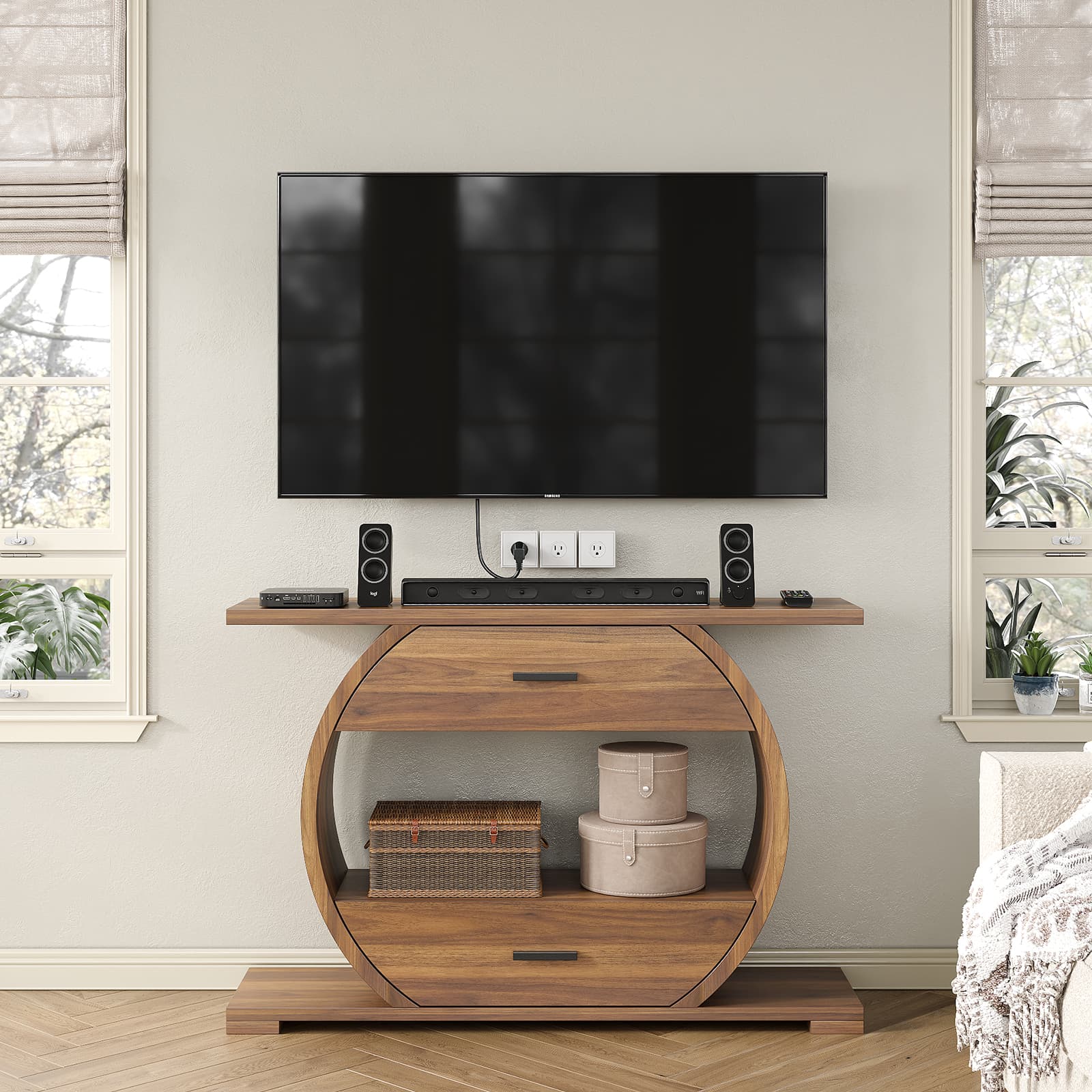 Yanosaku ST004 47" O - Shaped Console Table with 2 Drawers, Brown - Yanosaku SotreFurnitureST004-WA-1PC