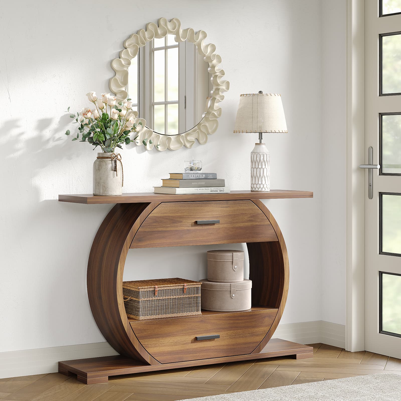 Yanosaku ST004 47" O - Shaped Console Table with 2 Drawers, Brown - Yanosaku SotreFurnitureST004-WA-2PCS