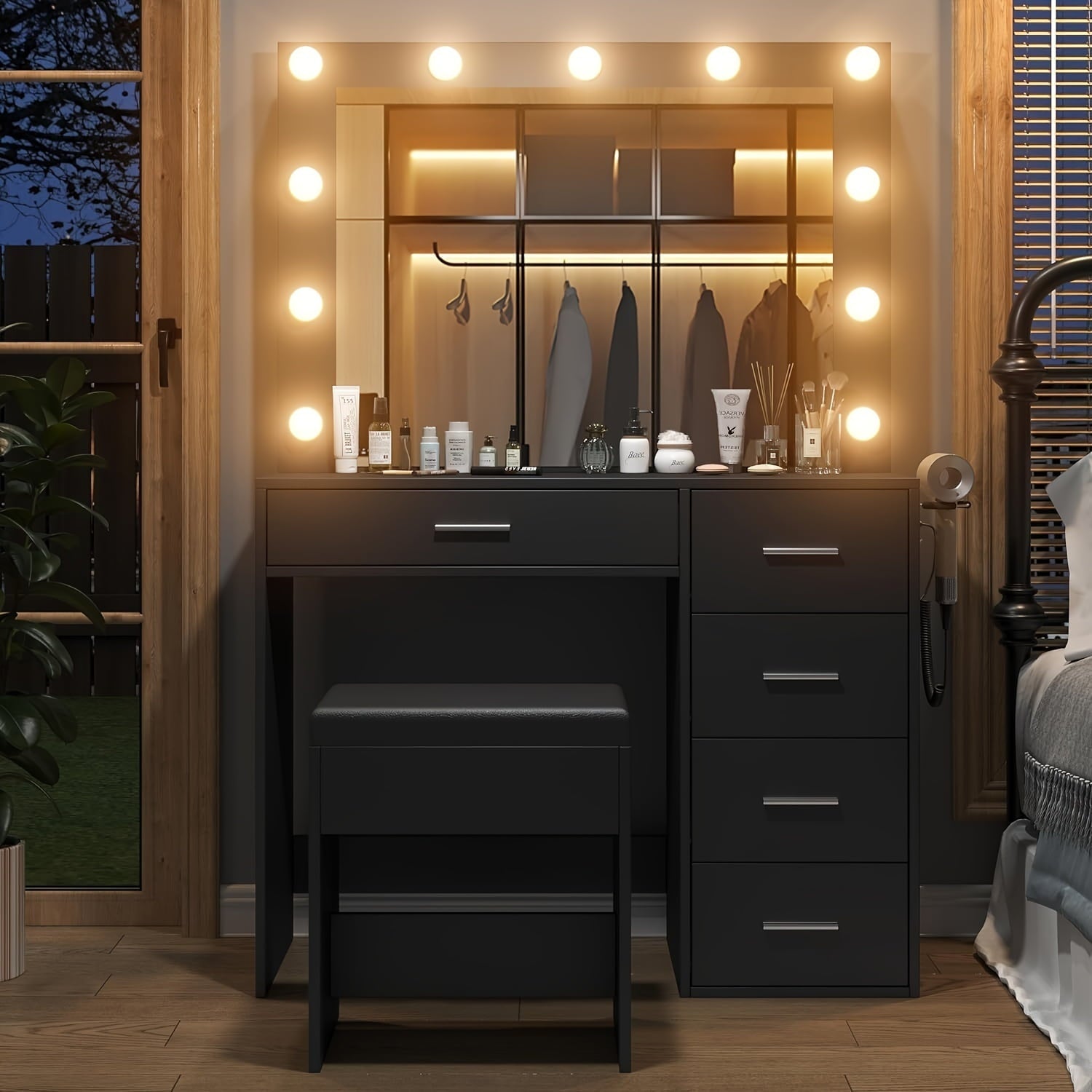Yanosaku VD001 Bedroom Makeup Vanity desk with LED Mirror, 5 Drawers - Yanosaku SotreFurnitureVD001-BK