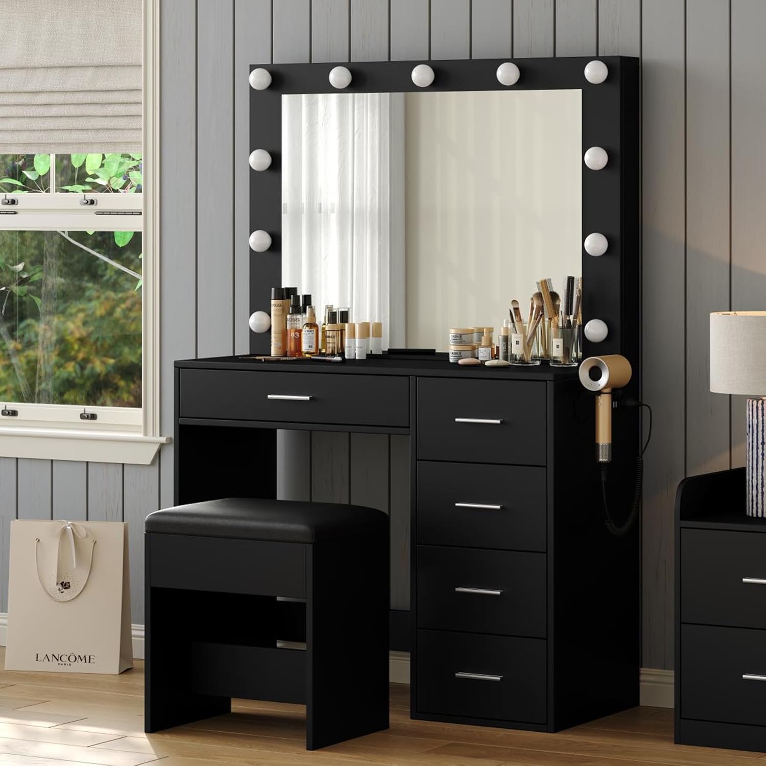 Yanosaku Vanity Desk with Mirror, 11 LED Lights, 5 Drawers, Adjustable Brightness, Chair Included, White Yanosaku Vanity Desk with Mirror, 11 LED Lights, 5 Drawers, Adjustable Brightness, Chair Included, White
