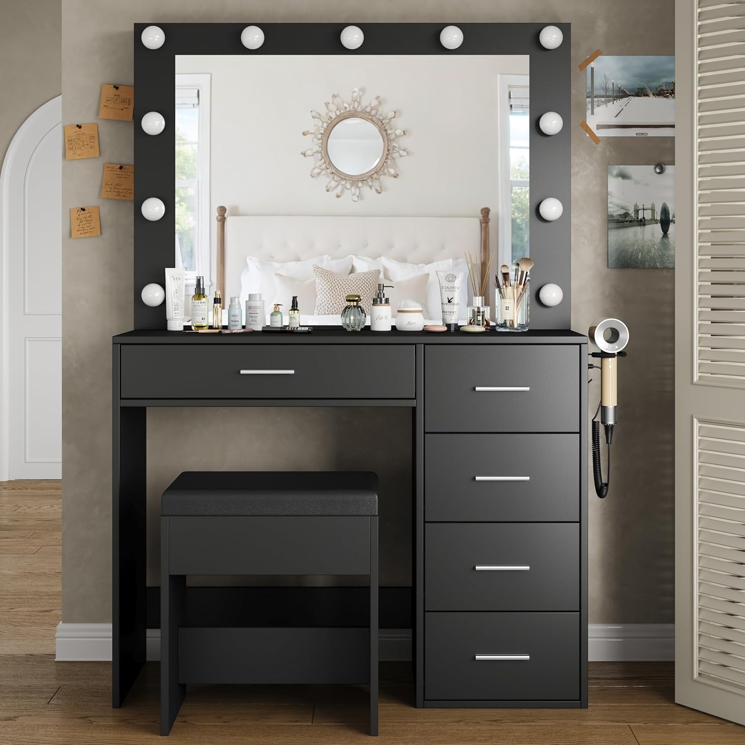 Yanosaku VD001 Modern White Makeup Vanity Set Table with Stool & LED Mirror 5 Drawers - Yanosaku SotreFurnitureVD001 - BK